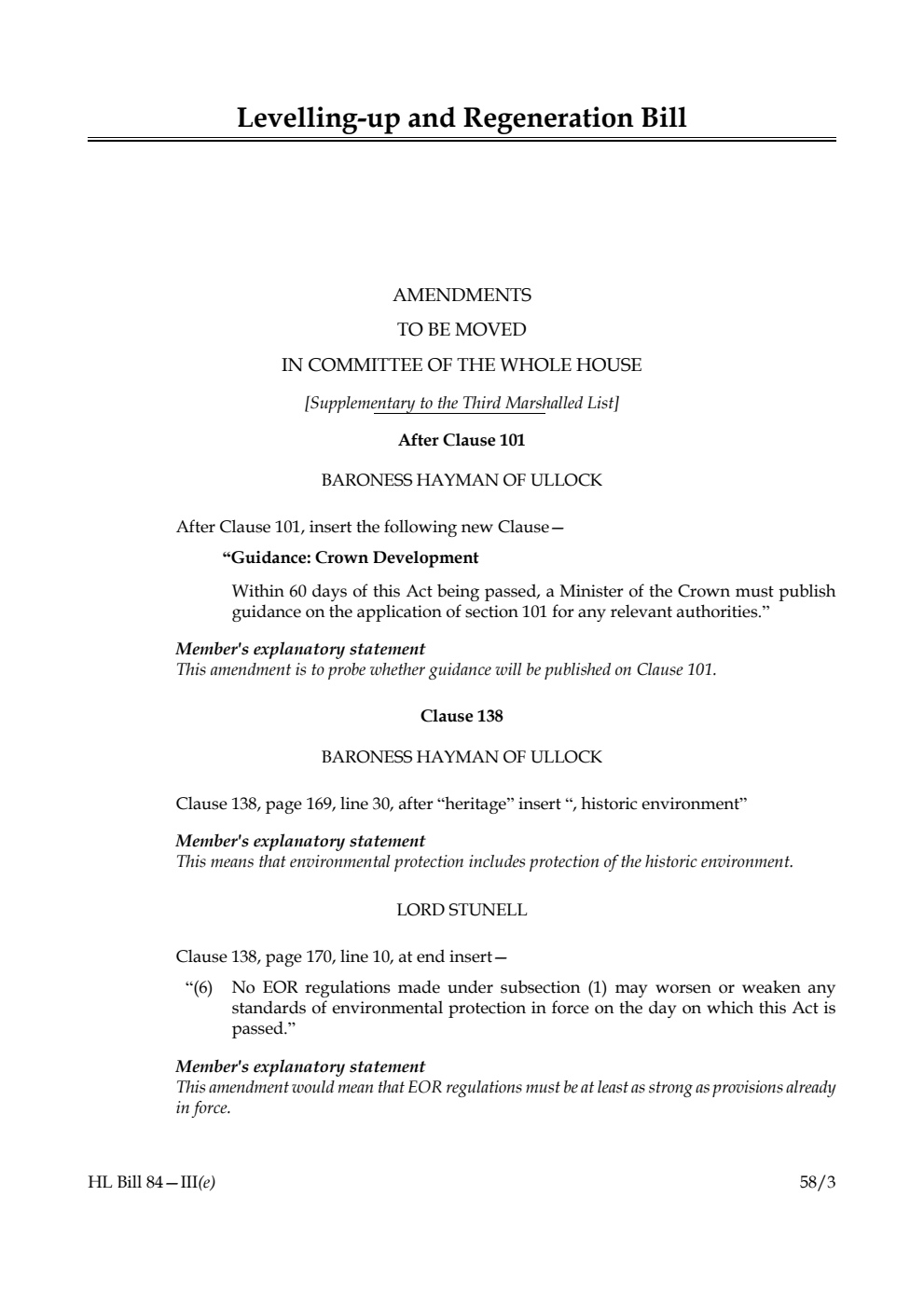Levelling-up and Regeneration Bill Amendments to be moved in Committee of the Whole House [Supplementary to the Third Marshalled List]