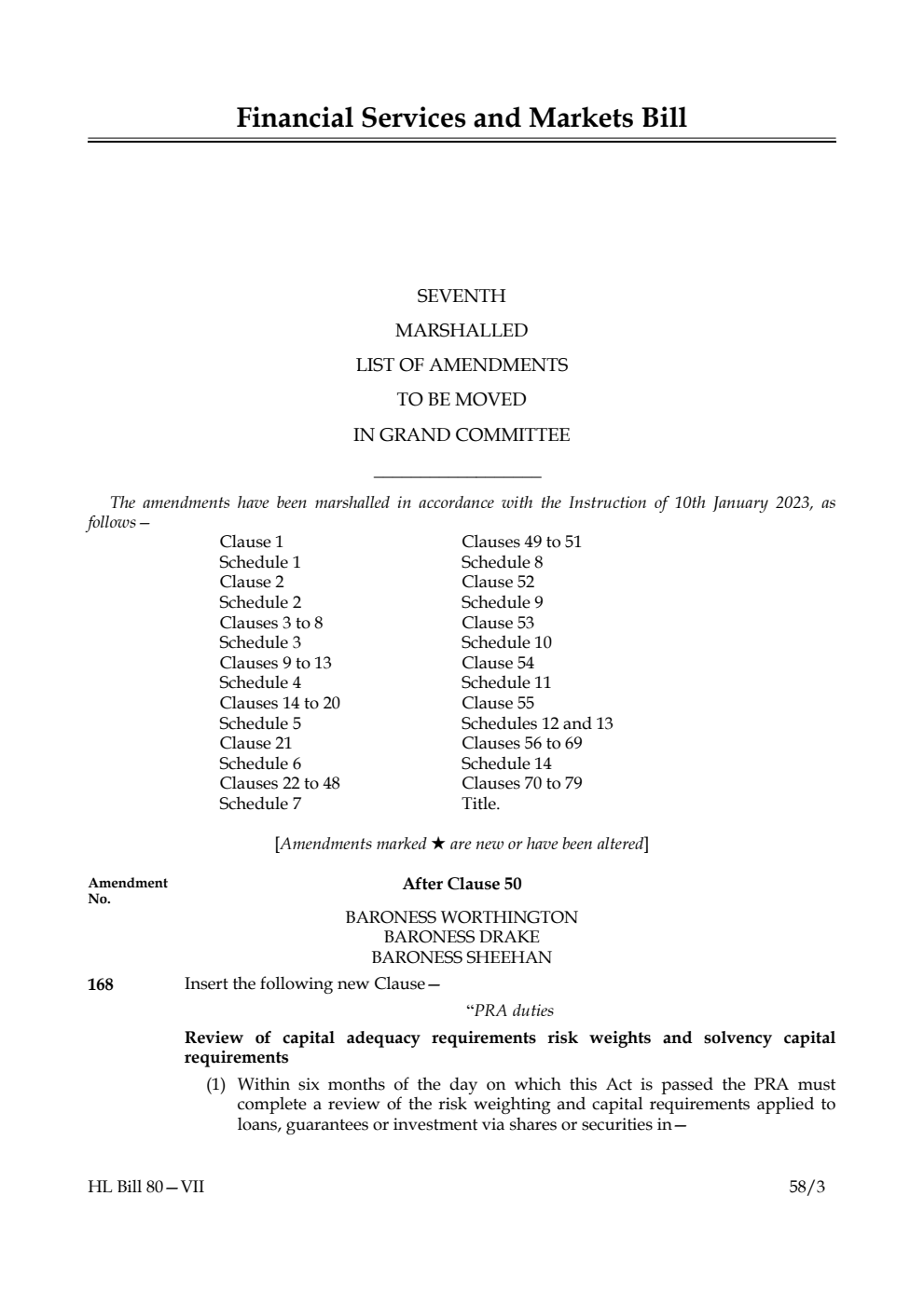 Financial Services and Markets Bill Seventh Marshalled List of Amendments to be moved in Grand Committee