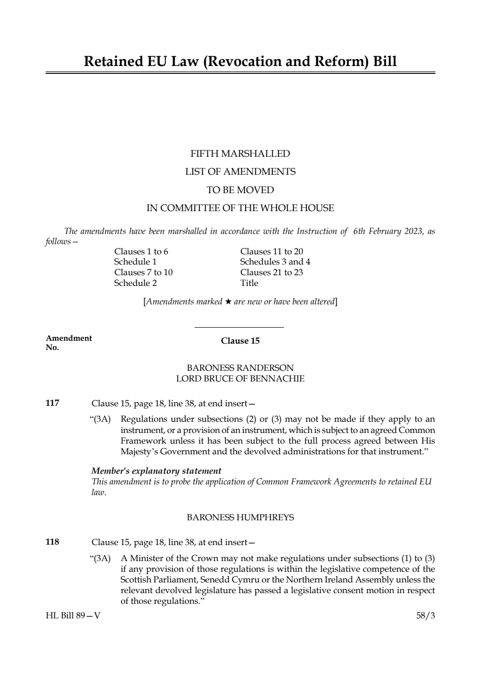 Retained EU Law (Revocation and Reform) Bill Fifth Marshalled List of Amendments to be moved in Committee of the Whole House