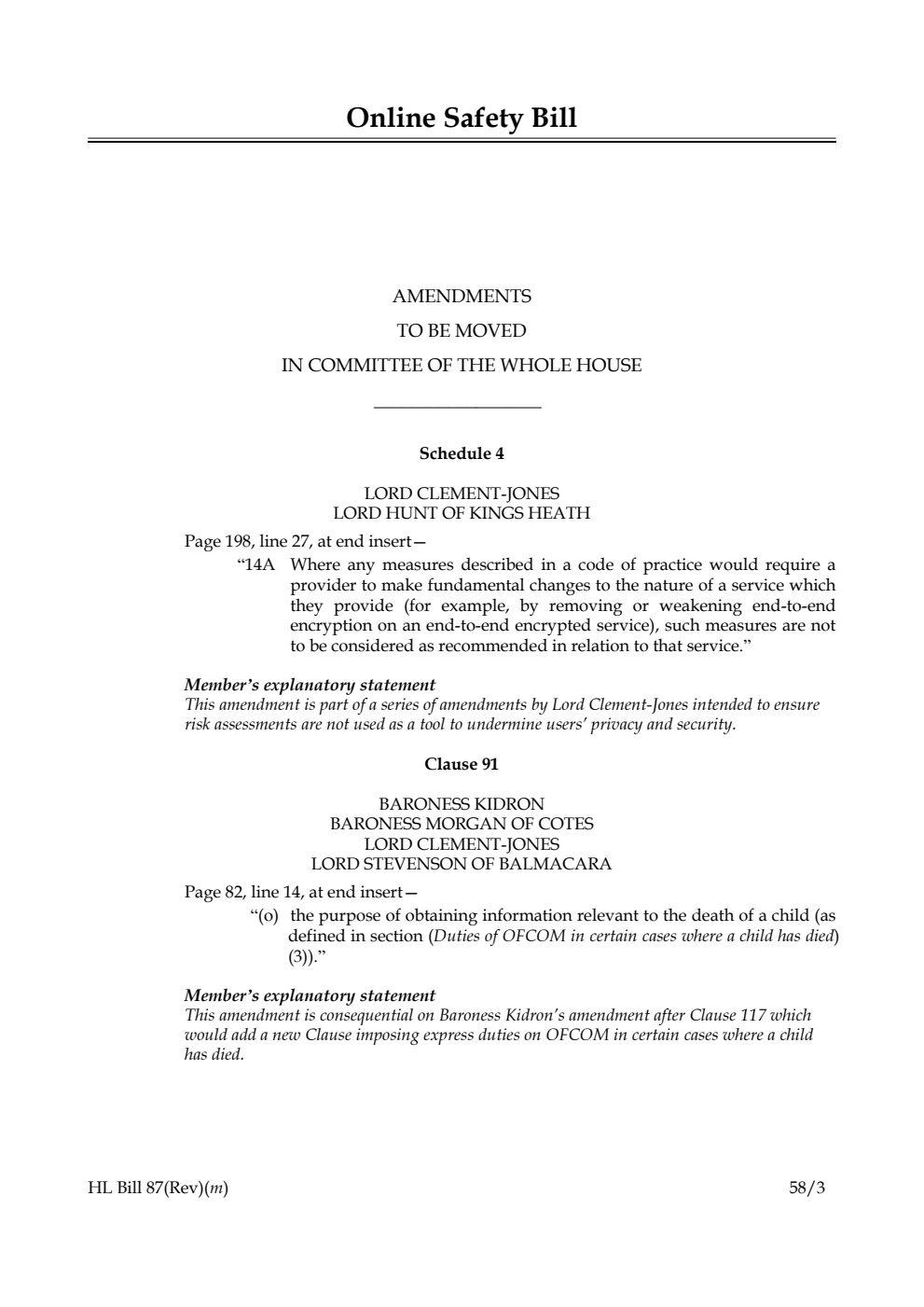 Online Safety Bill Amendments to be moved in Committee of the Whole House