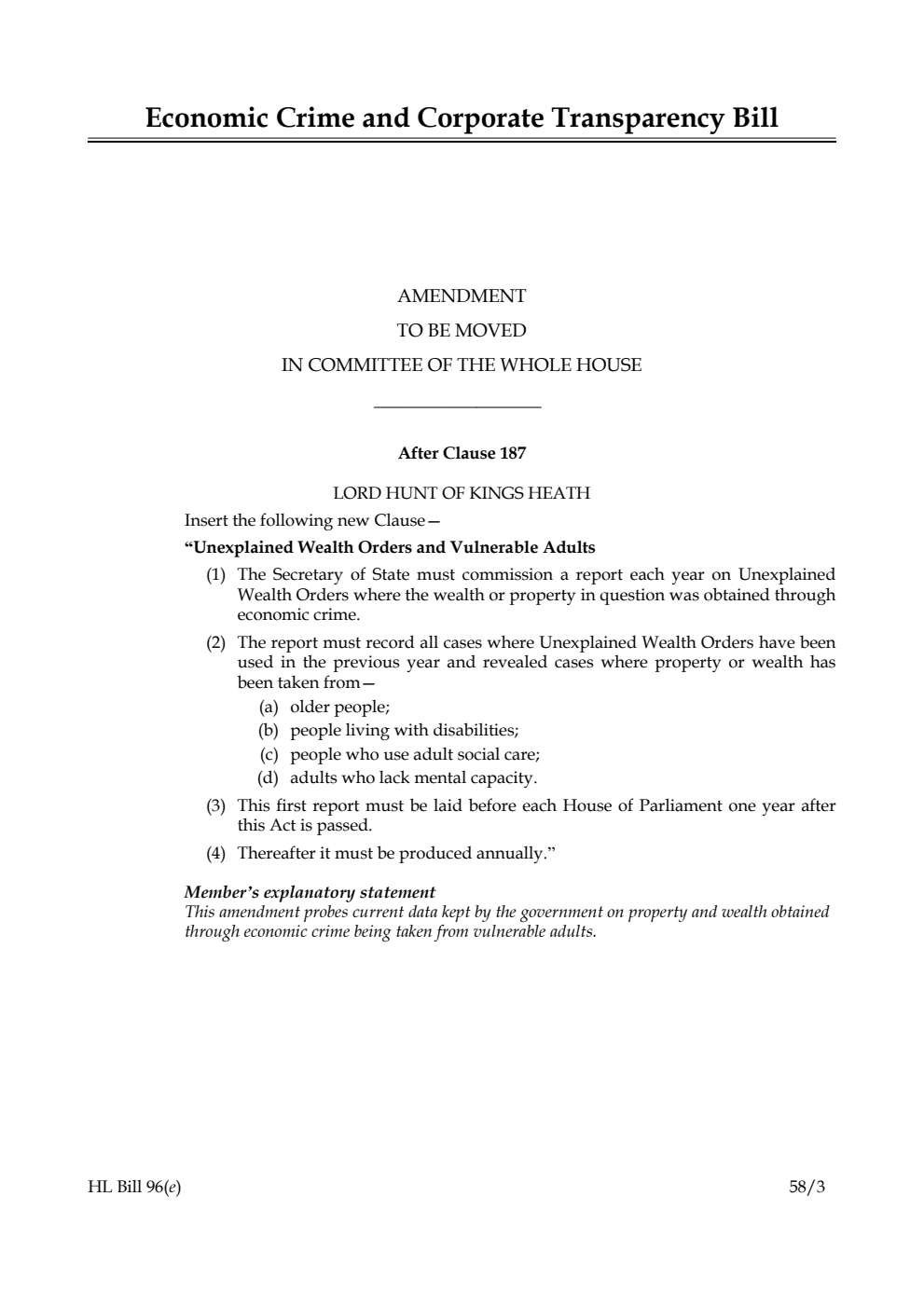 Economic Crime and Corporate Transparency Bill Amendment to be moved in Committee of the Whole House