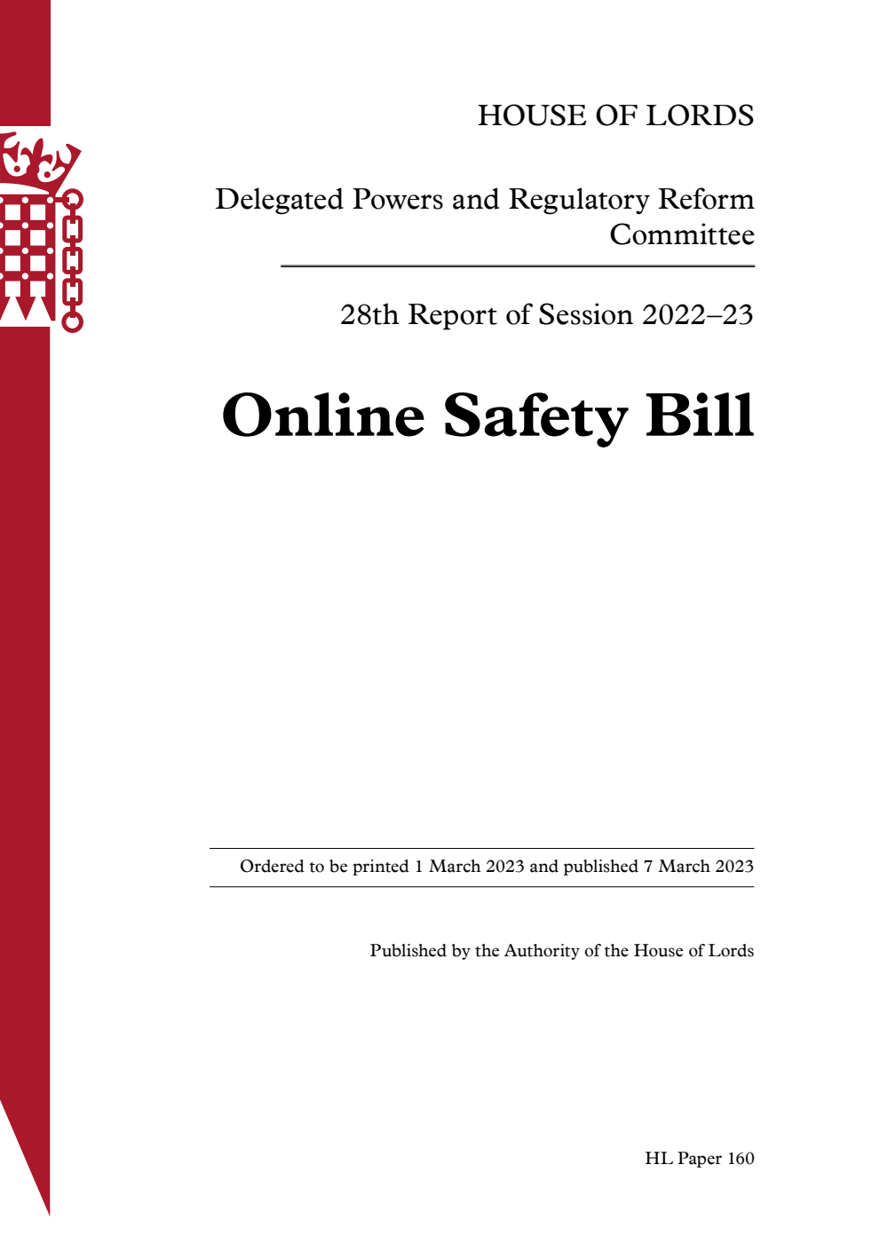 Delegated Powers and Regulatory Reform Committee 28th Report. Online Safety Bill