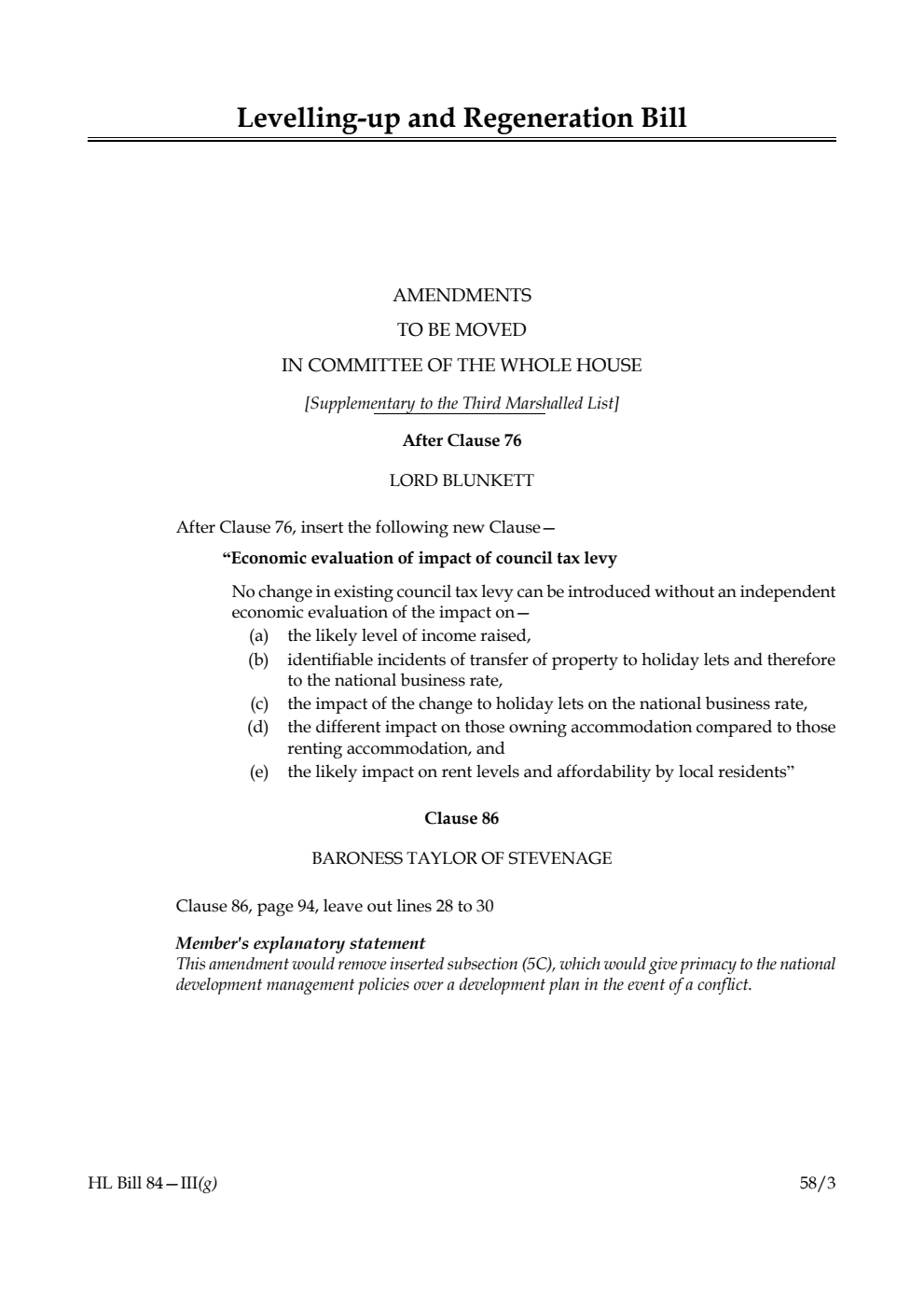 Levelling-up and Regeneration Bill Amendments to be moved in Committee of the Whole House [Supplementary to the Third Marshalled List]