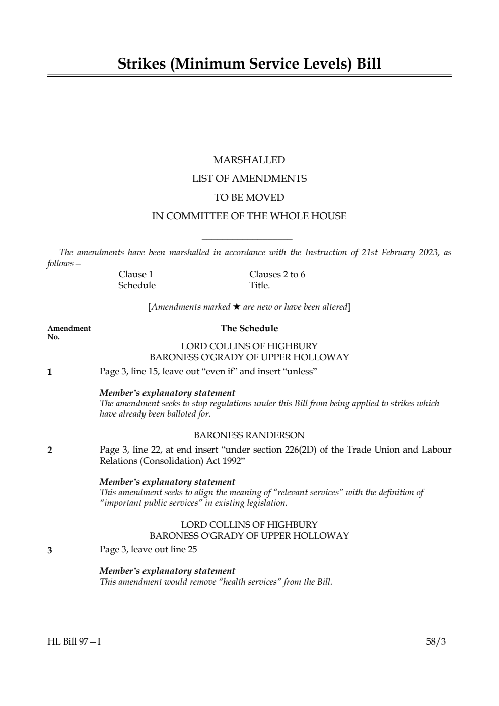 Strikes (Minimum Service Levels) Bill Marshalled List of Amendments to be moved in Committee of the Whole House