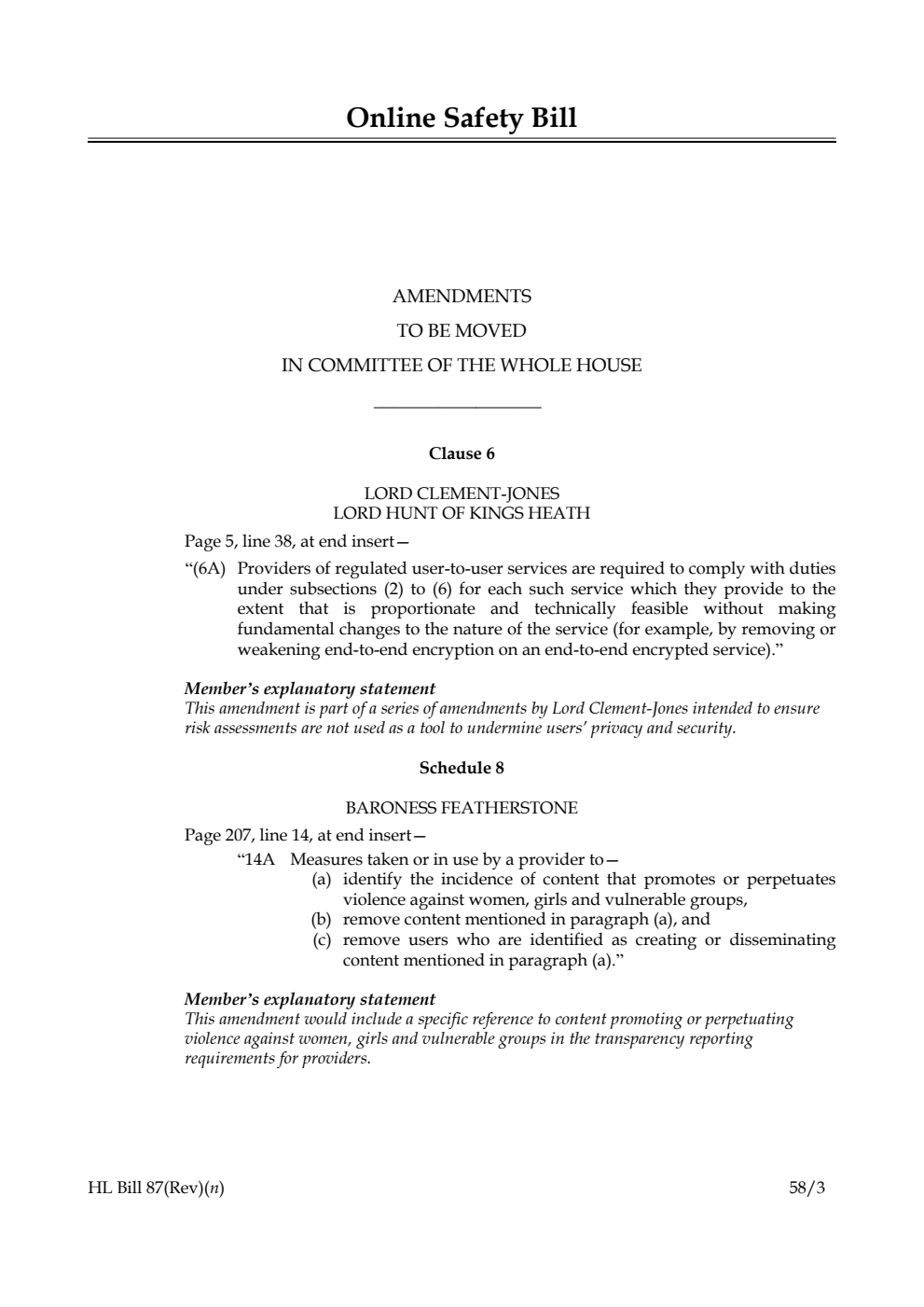 Online Safety Bill Amendments to be moved in Committee of the Whole House