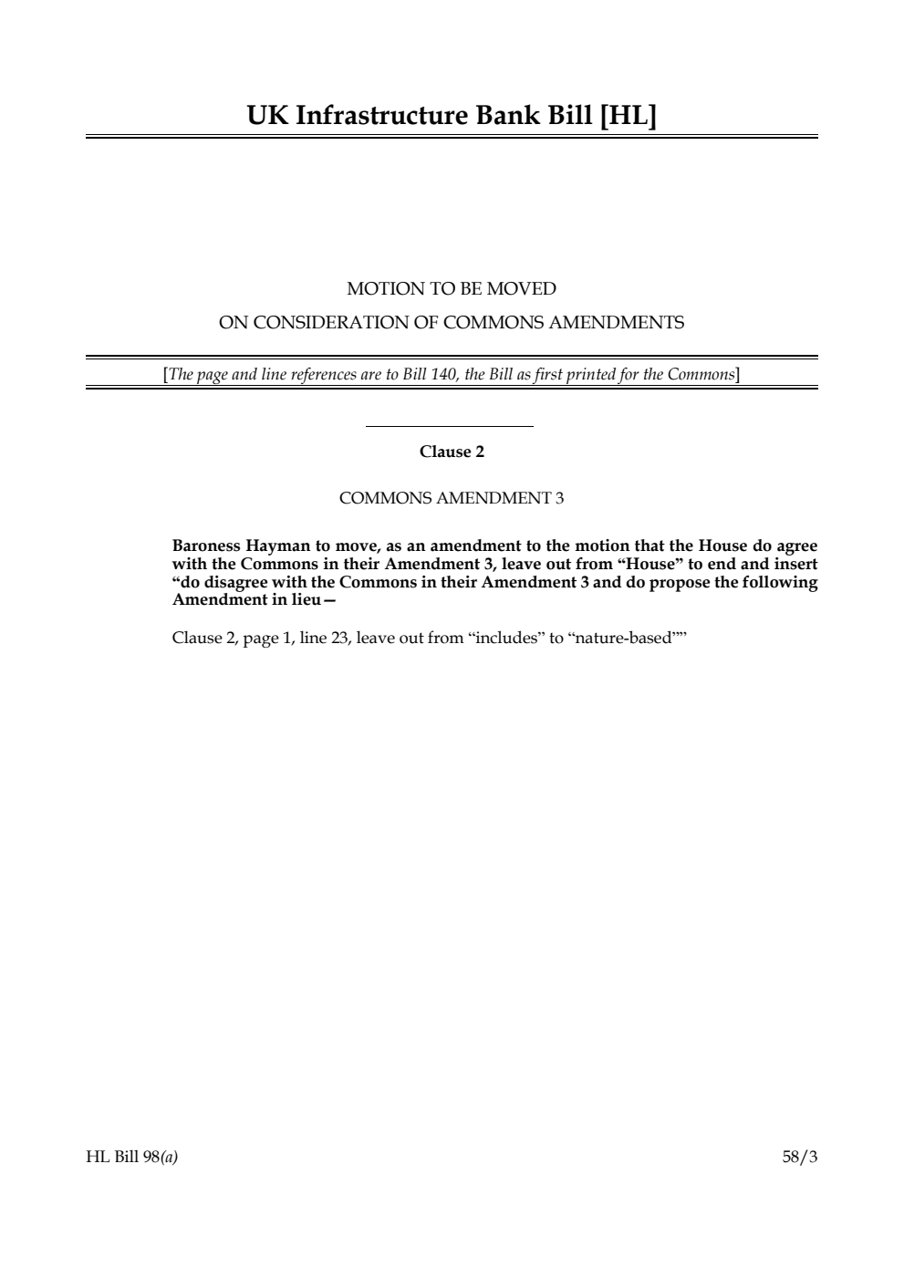 UK Infrastructure Bank Bill Motion to be moved on Consideration of Commons amendments