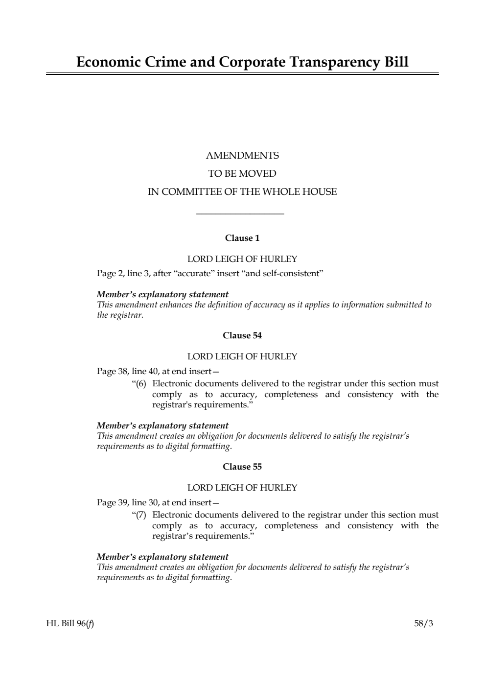 Economic Crime and Corporate Transparency Bill Amendments to be moved in Committee of the Whole House