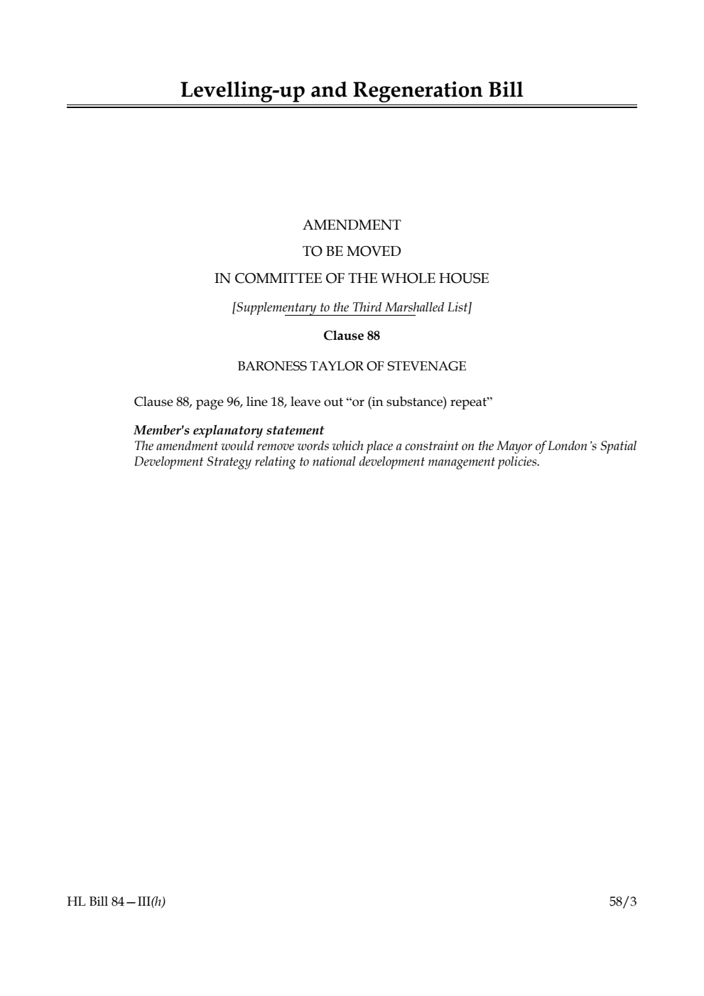 Levelling-up and Regeneration Bill Amendment to be moved in Committee of the Whole House [Supplementary to the Third Marshalled List]