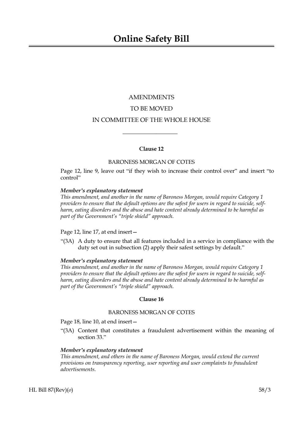 Online Safety Bill Amendments to be moved in Committee of the Whole House