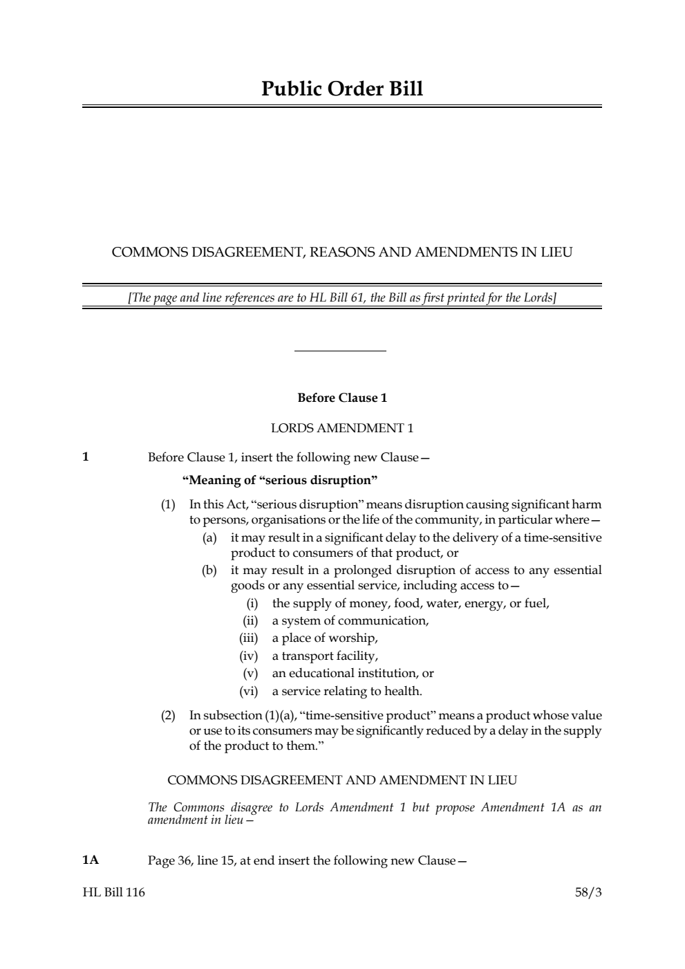 Public Order Bill Commons disagreement, reasons and amendments in lieu