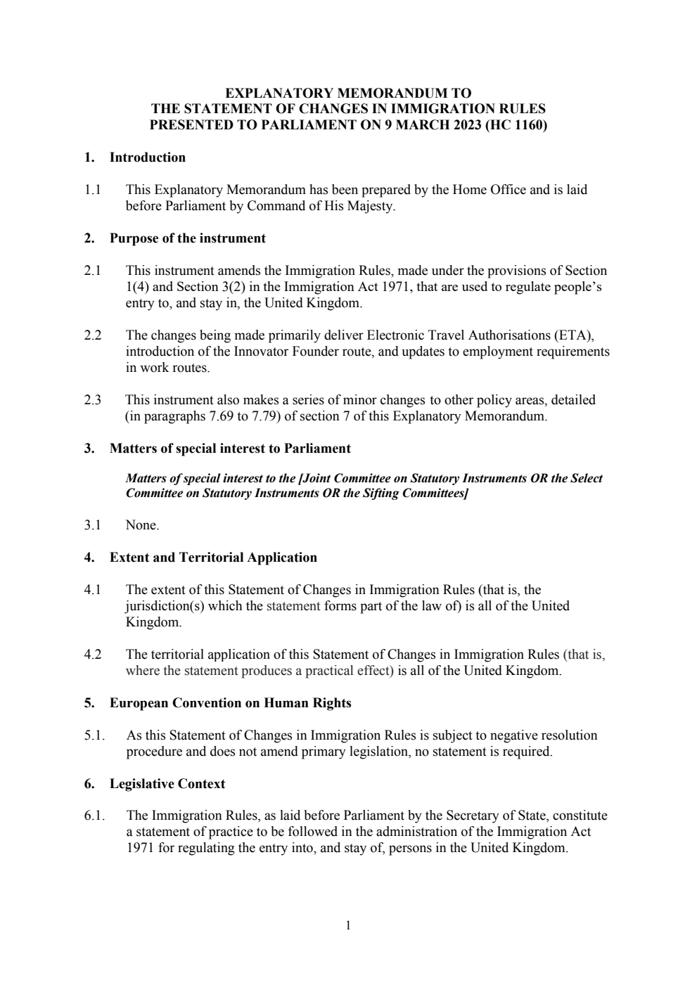 Explanatory Memorandum to the Statement of Changes in Immigration Rules