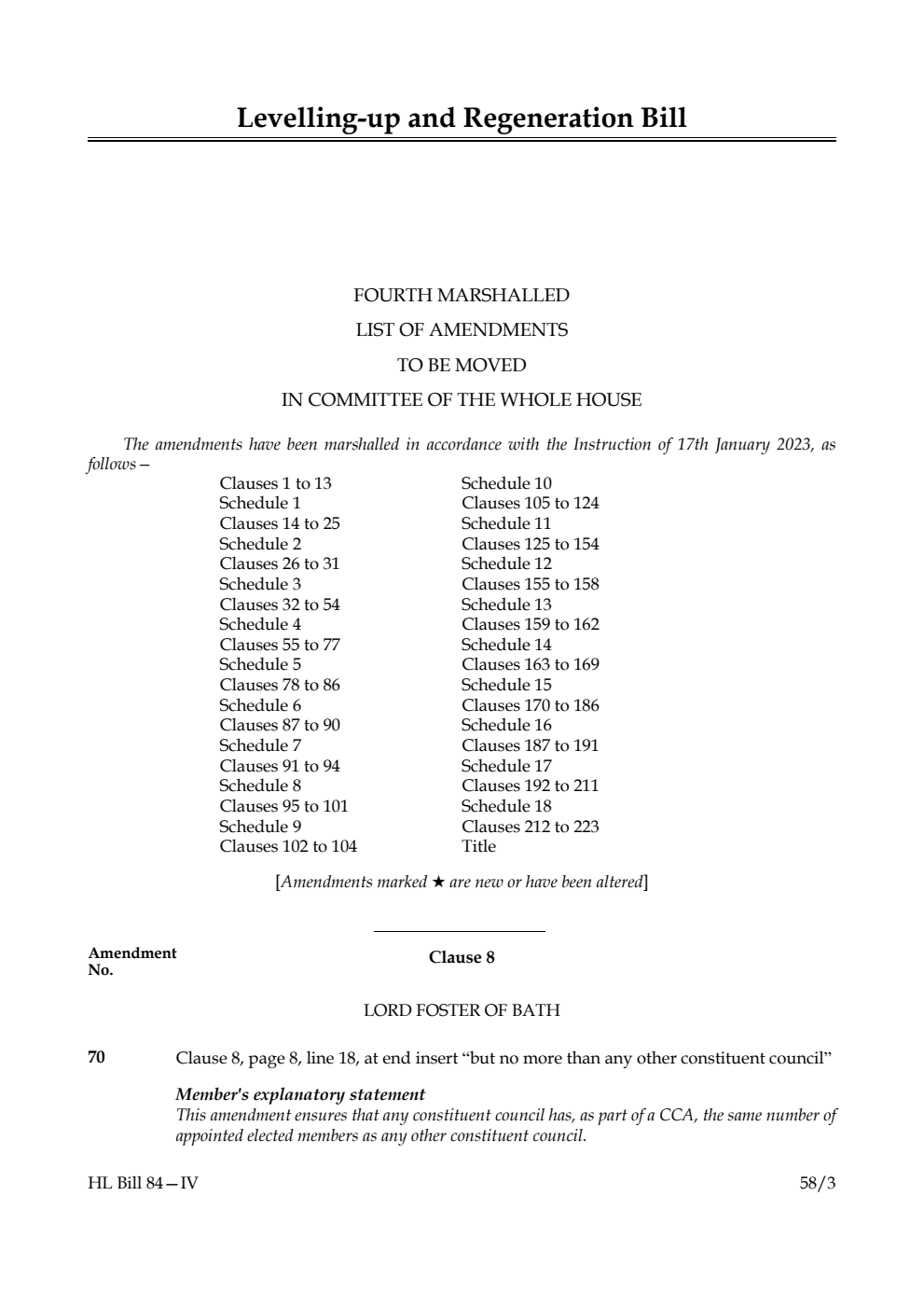 Levelling-up and Regeneration Bill Fourth Marshalled List of Amendments to be moved in Committee of the Whole House
