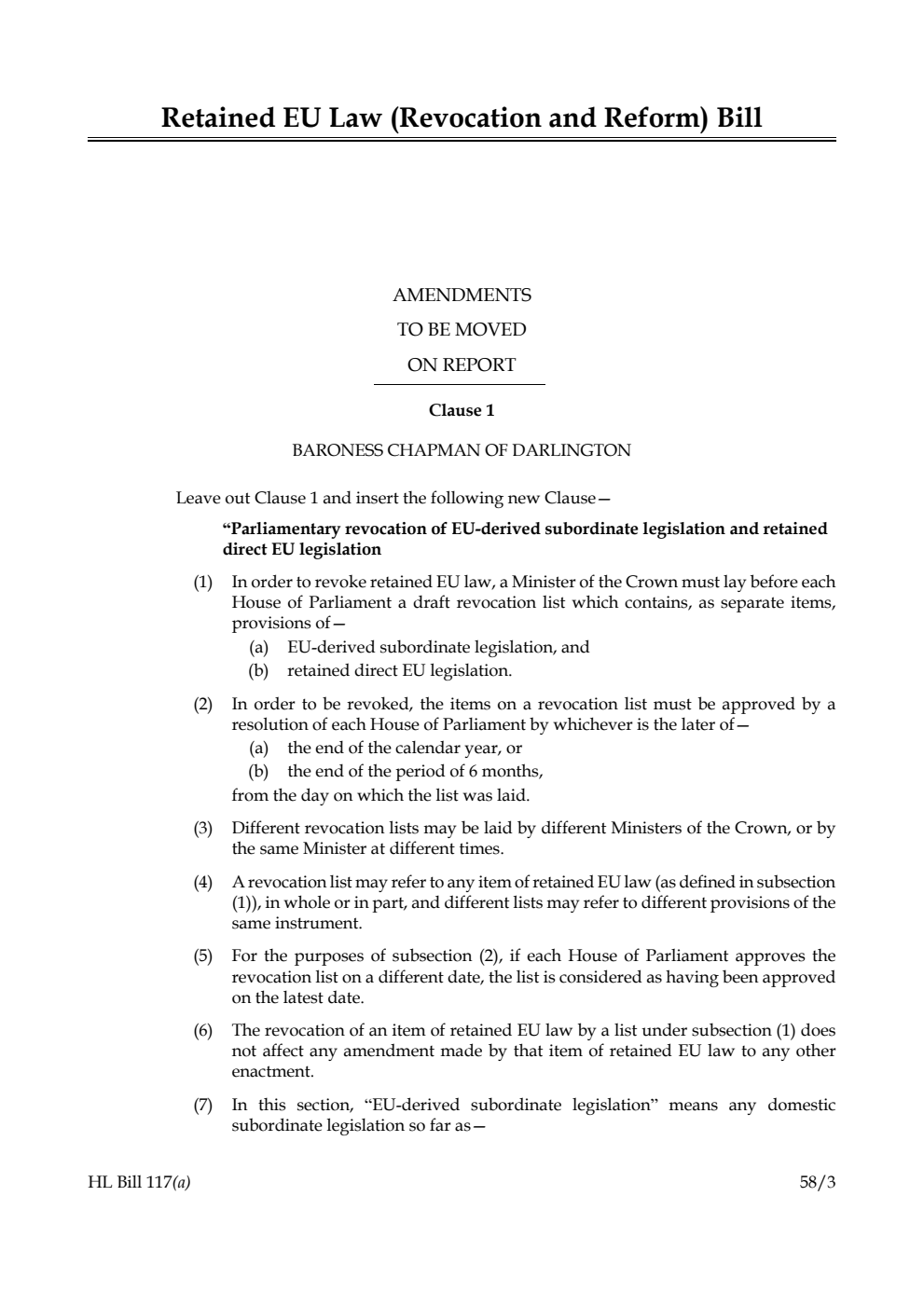 Retained EU Law (Revocation and Reform) Bill Amendments to be moved on Report