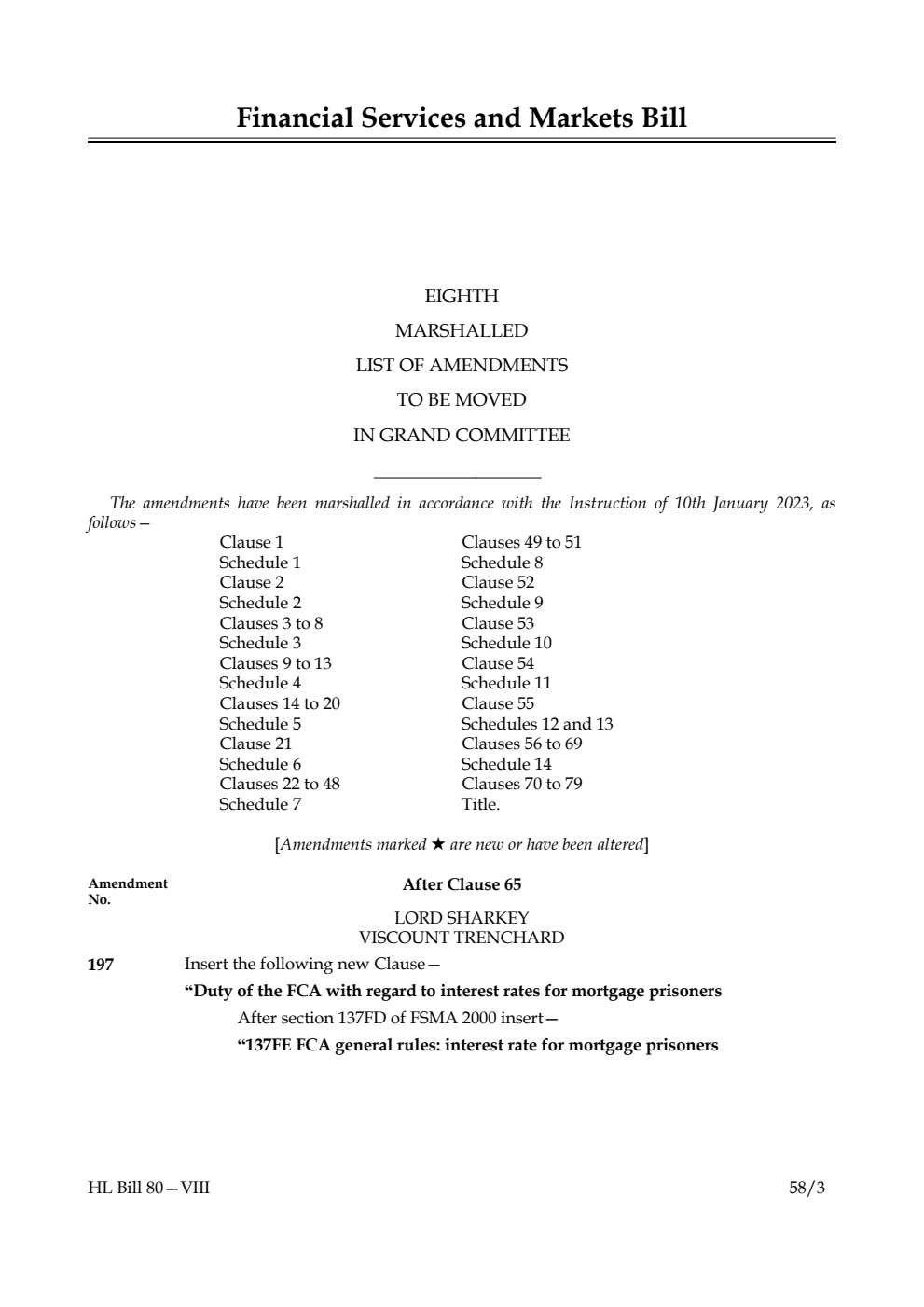 Financial Services and Markets Bill Eighth Marshalled List of Amendments to be moved in Grand Committee