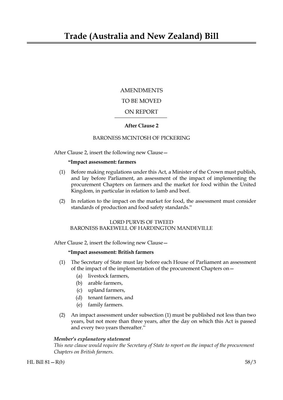 Trade (Australia and New Zealand) Bill Amendments to be moved on Report