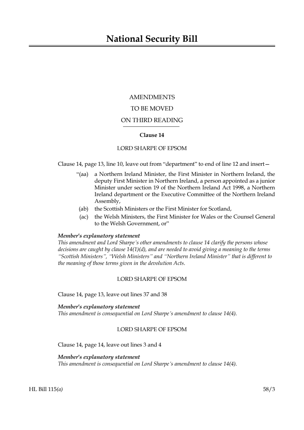 National Security Bill Amendments to be moved on third reading