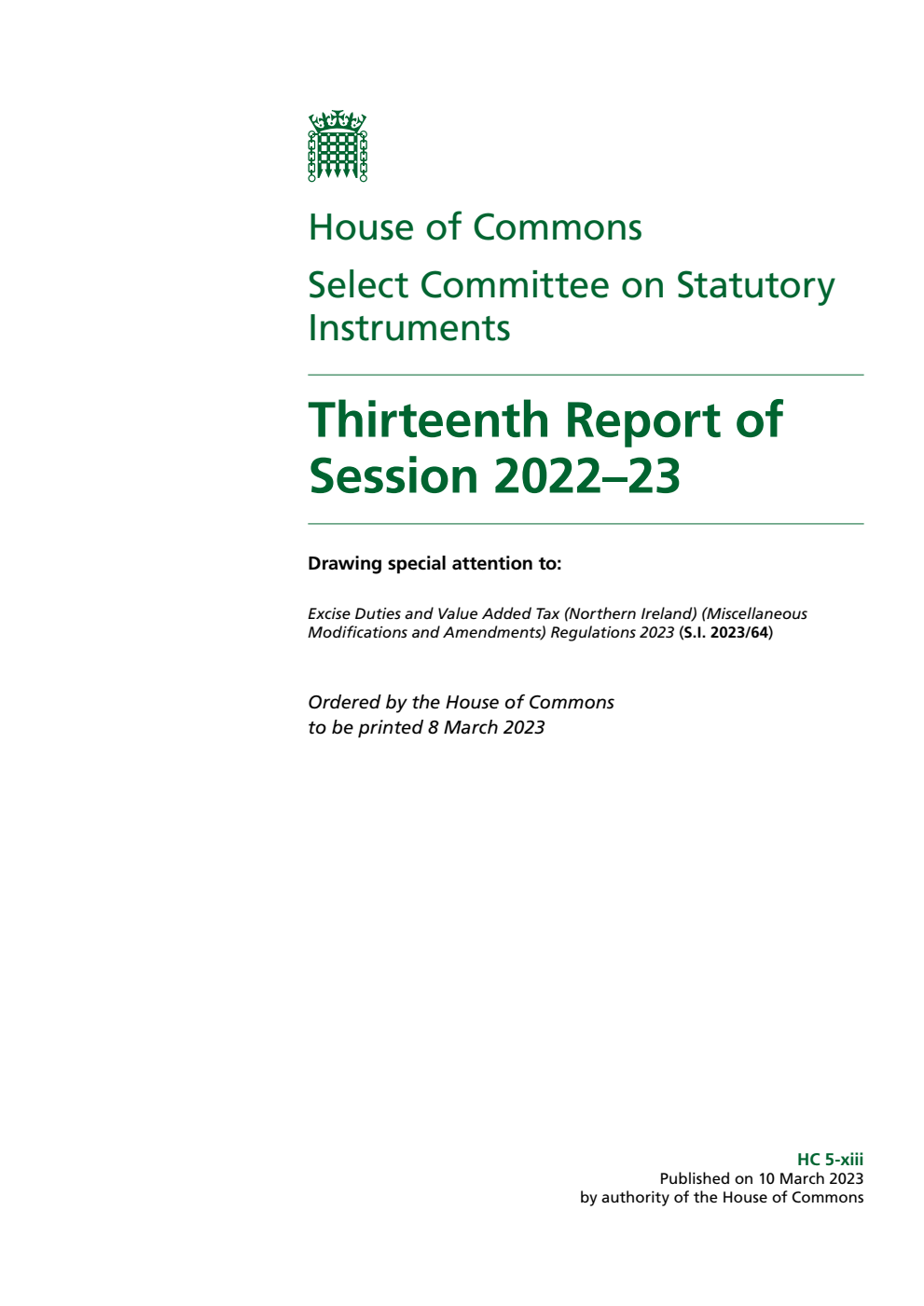 Statutory Instruments Committee 13th Report of Session 2022-23