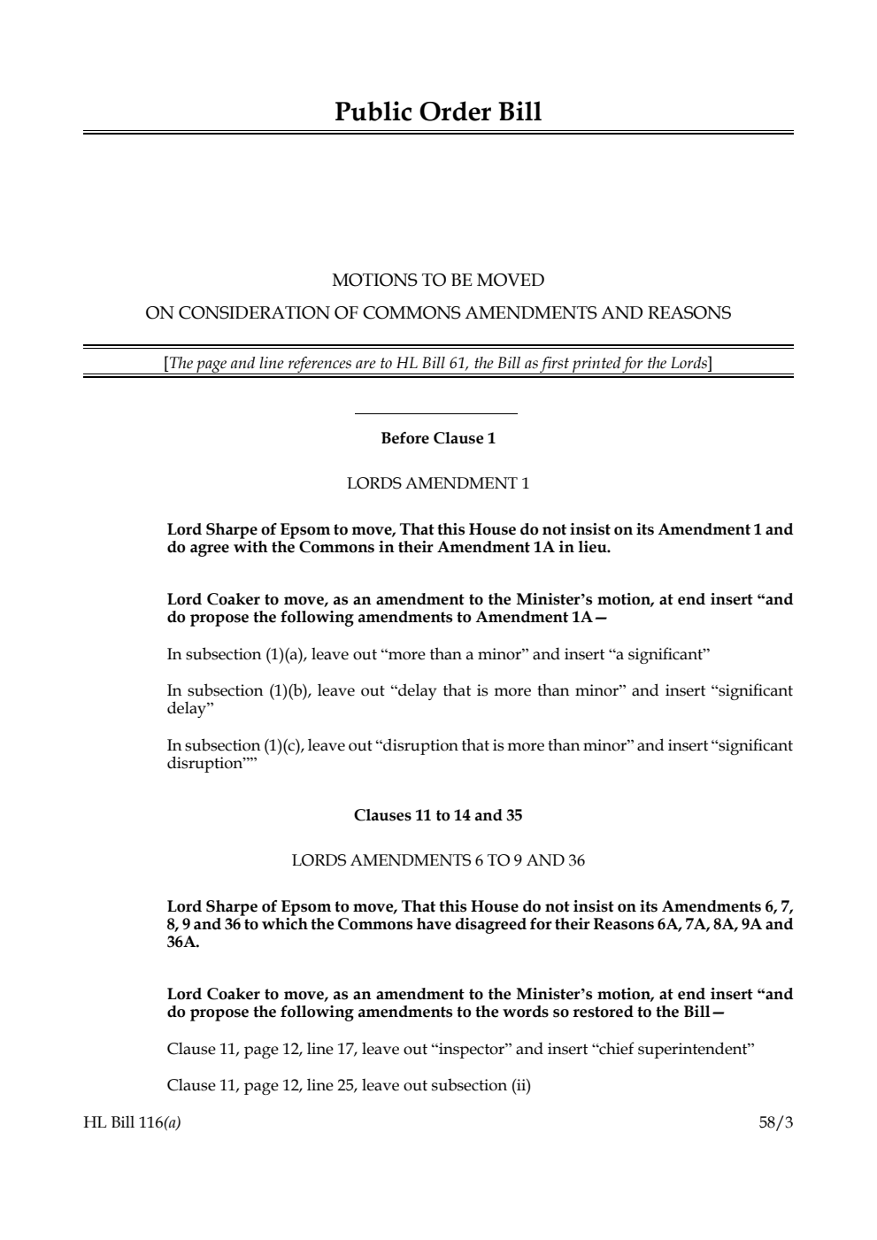 Public Order Bill Motions to be moved on consideration of Commons amendments and reasons