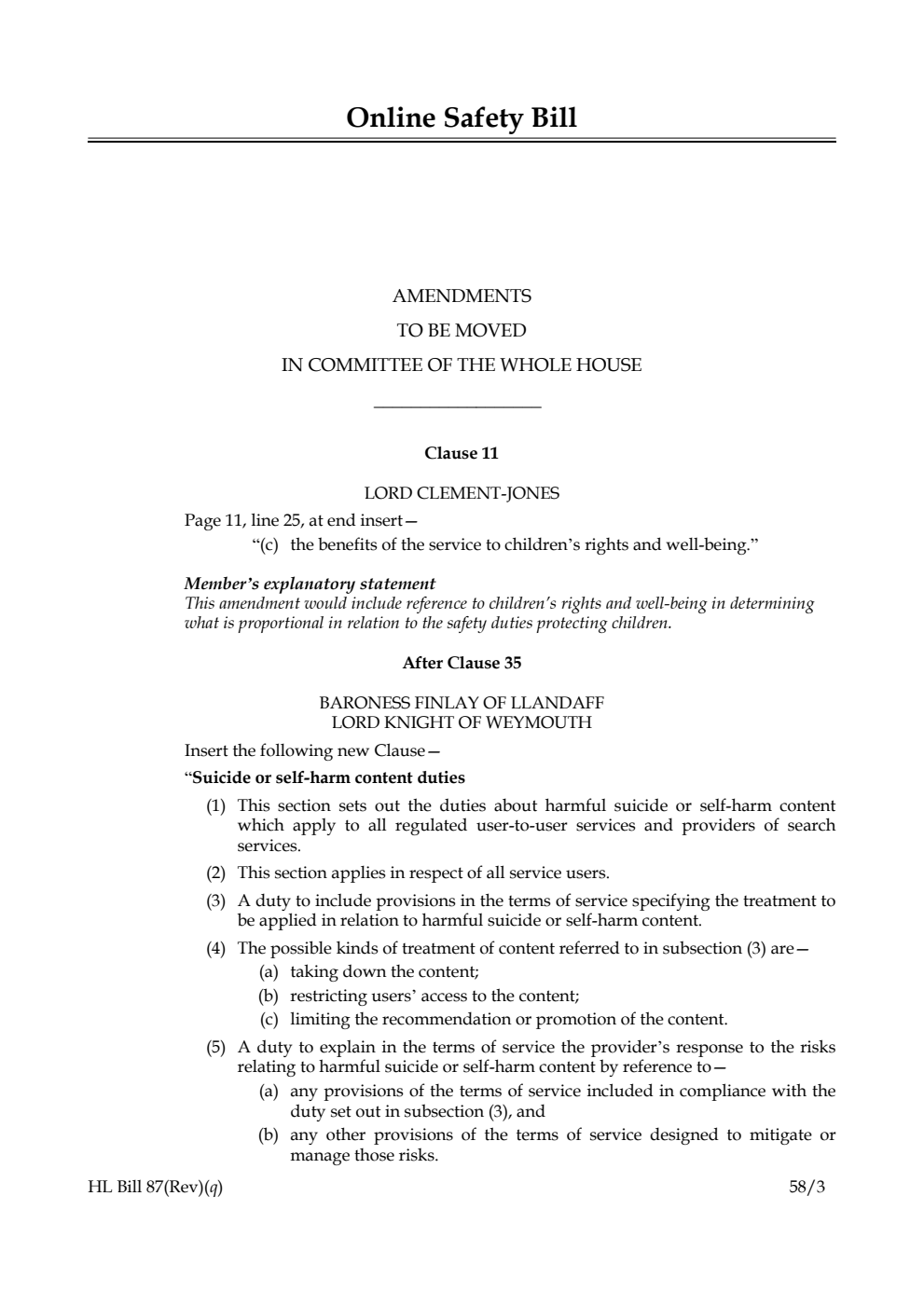 Online Safety Bill Amendments to be moved in Committee of the Whole House