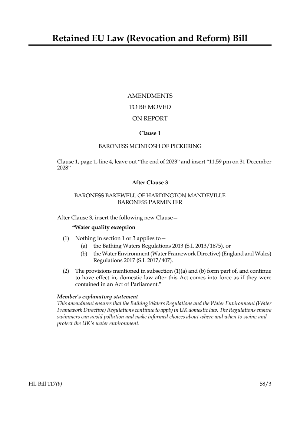 Retained EU Law (Revocation and Reform) Bill Amendments to be moved on Report