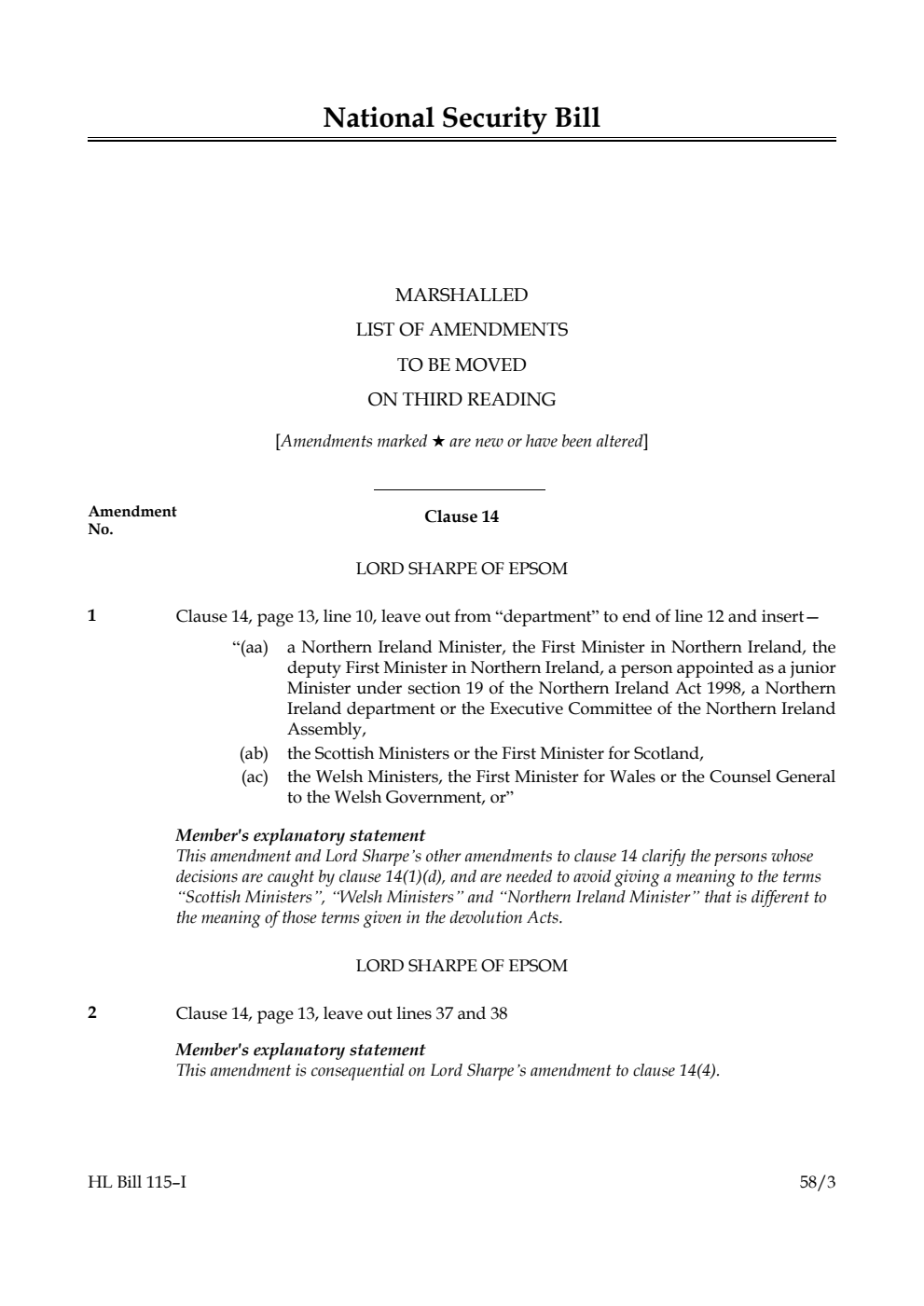 National Security Bill Marshalled List of amendments to be moved on third reading