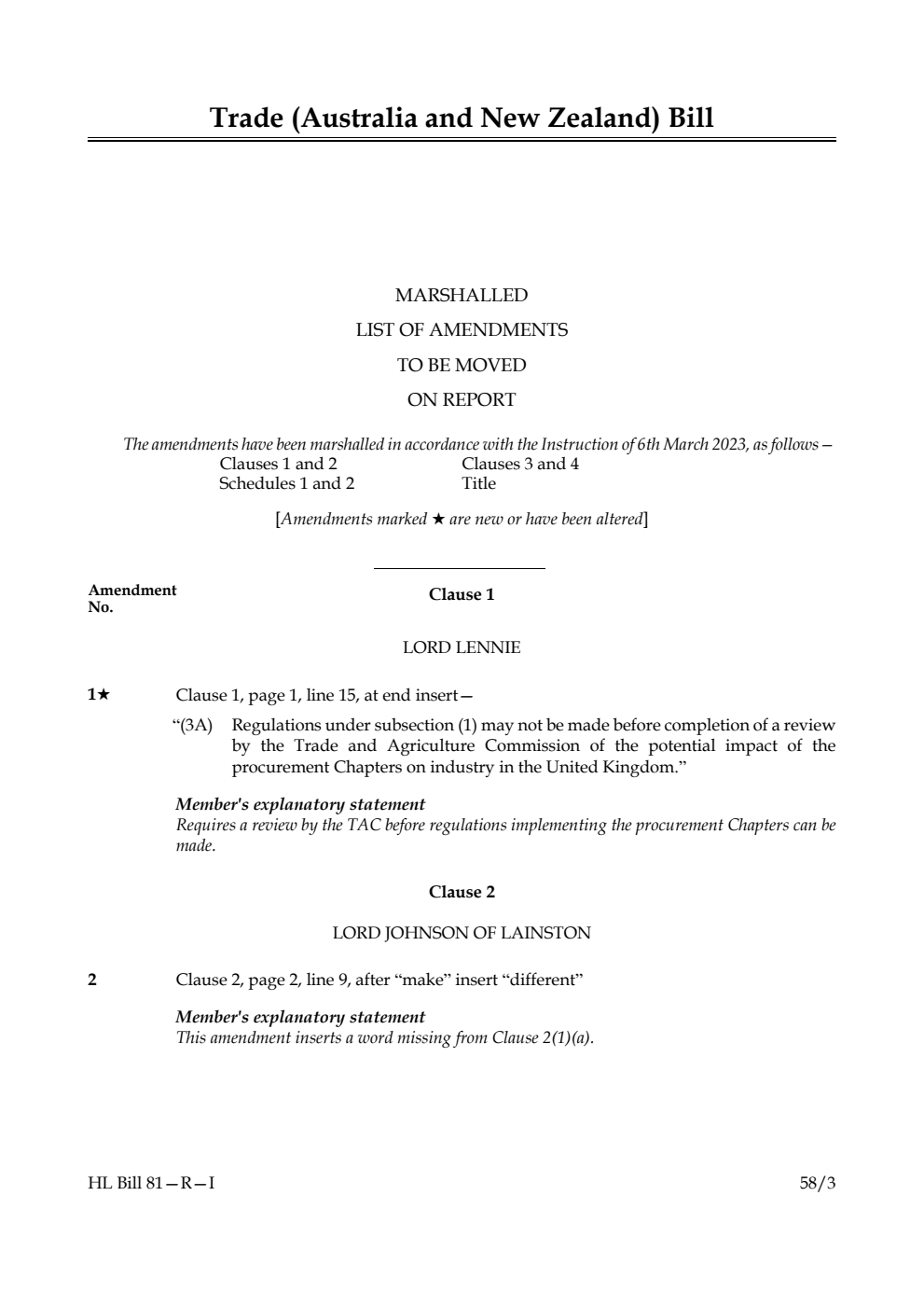 Trade (Australia and New Zealand) Bill Marshalled List of Amendments to be moved on report