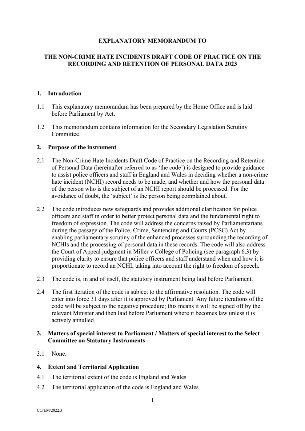 Explanatory memorandum to the Non-Crime Hate Incidents: Draft Code of Practice on the Recording and Retention of Personal Data