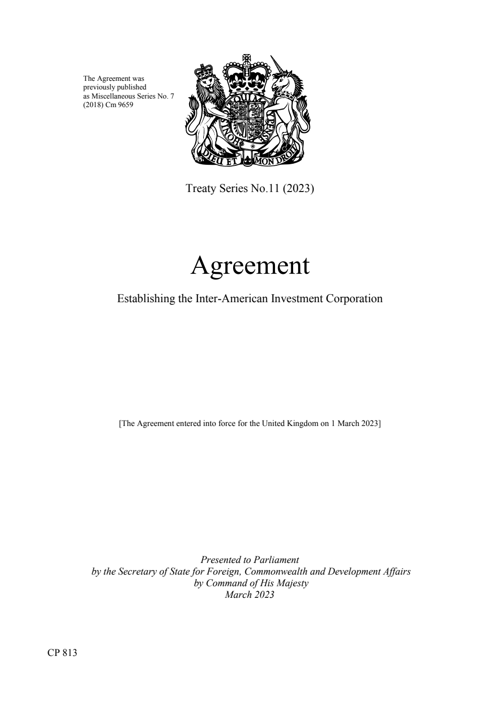 Treaty Series No. 11 (2023) Agreement Establishing the Inter-American Investment Corporation