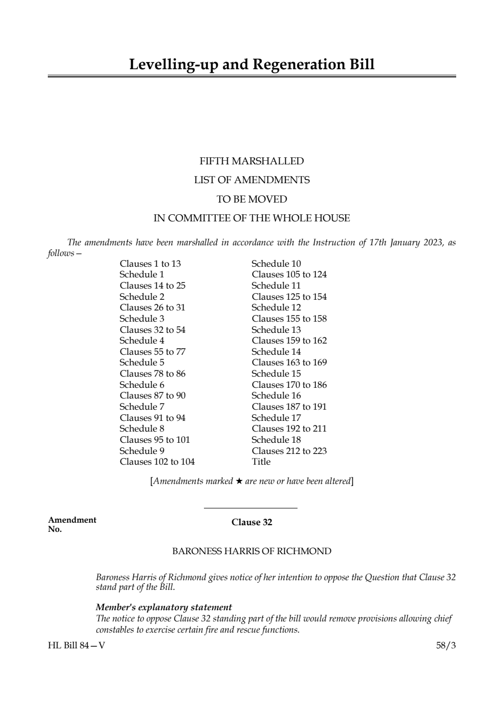 Levelling-up and Regeneration Bill Fifth Marshalled List of Amendments to be moved in Committee of the Whole House