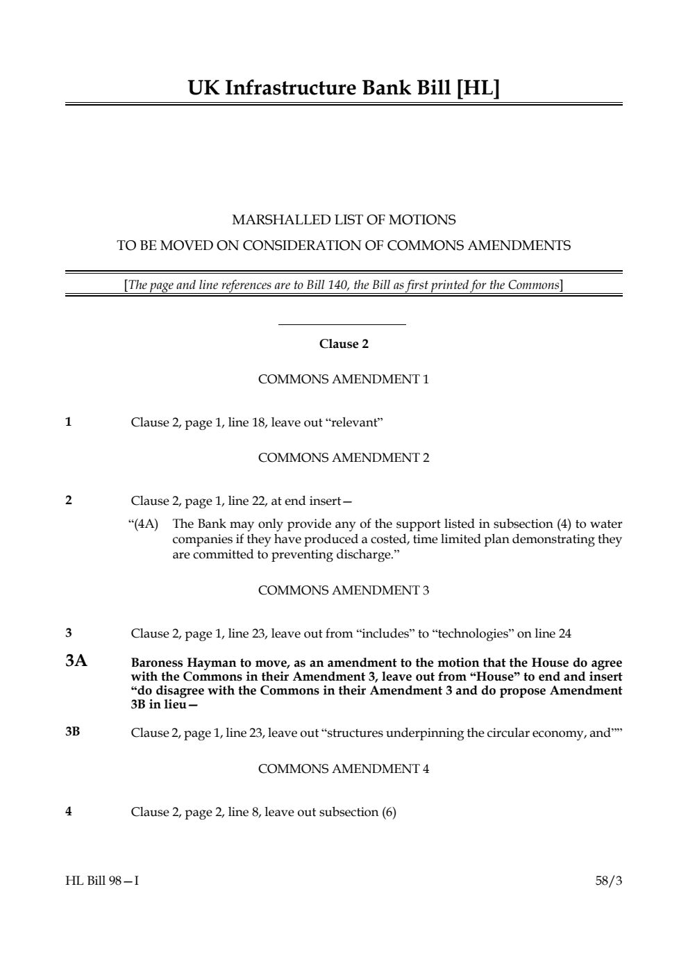 UK Infrastructure Bank Bill Marshalled List of motions to be moved on consideration of Commons amendments