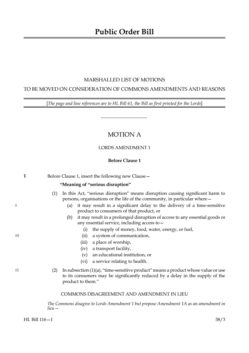 Public Order Bill Marshalled List of motions to be moved on consideration of Commons amendments and reasons