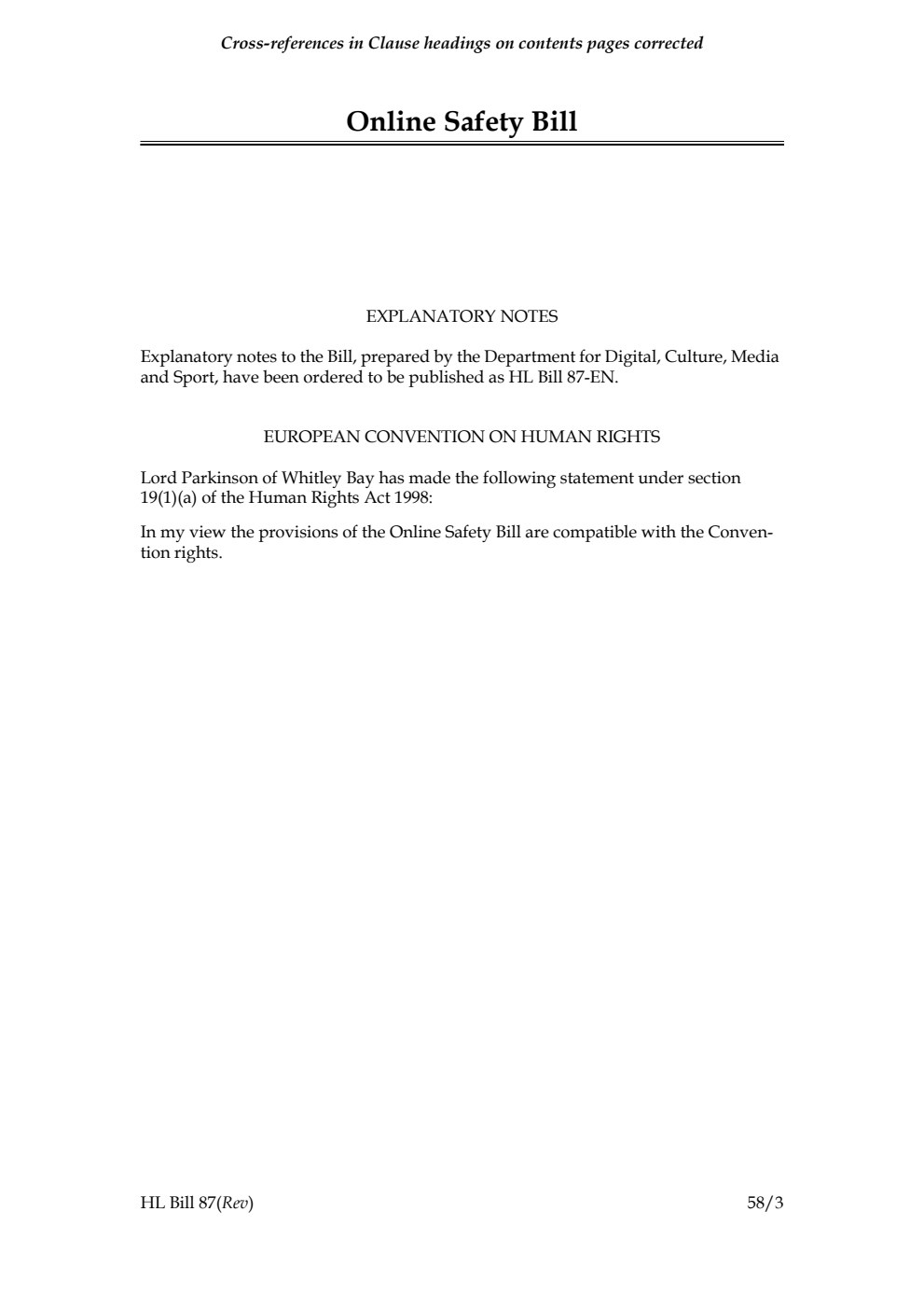 Online Safety Bill. Cross-references in Clause headings on contents pages corrected