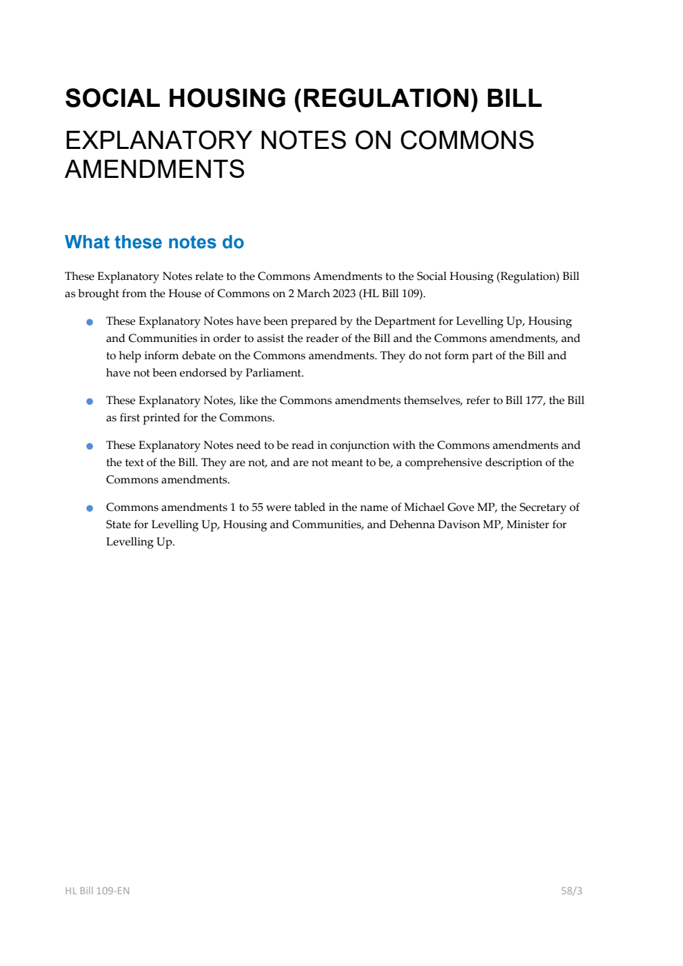 Social Housing (Regulation) Bill Explanatory Notes on Commons Amendments
