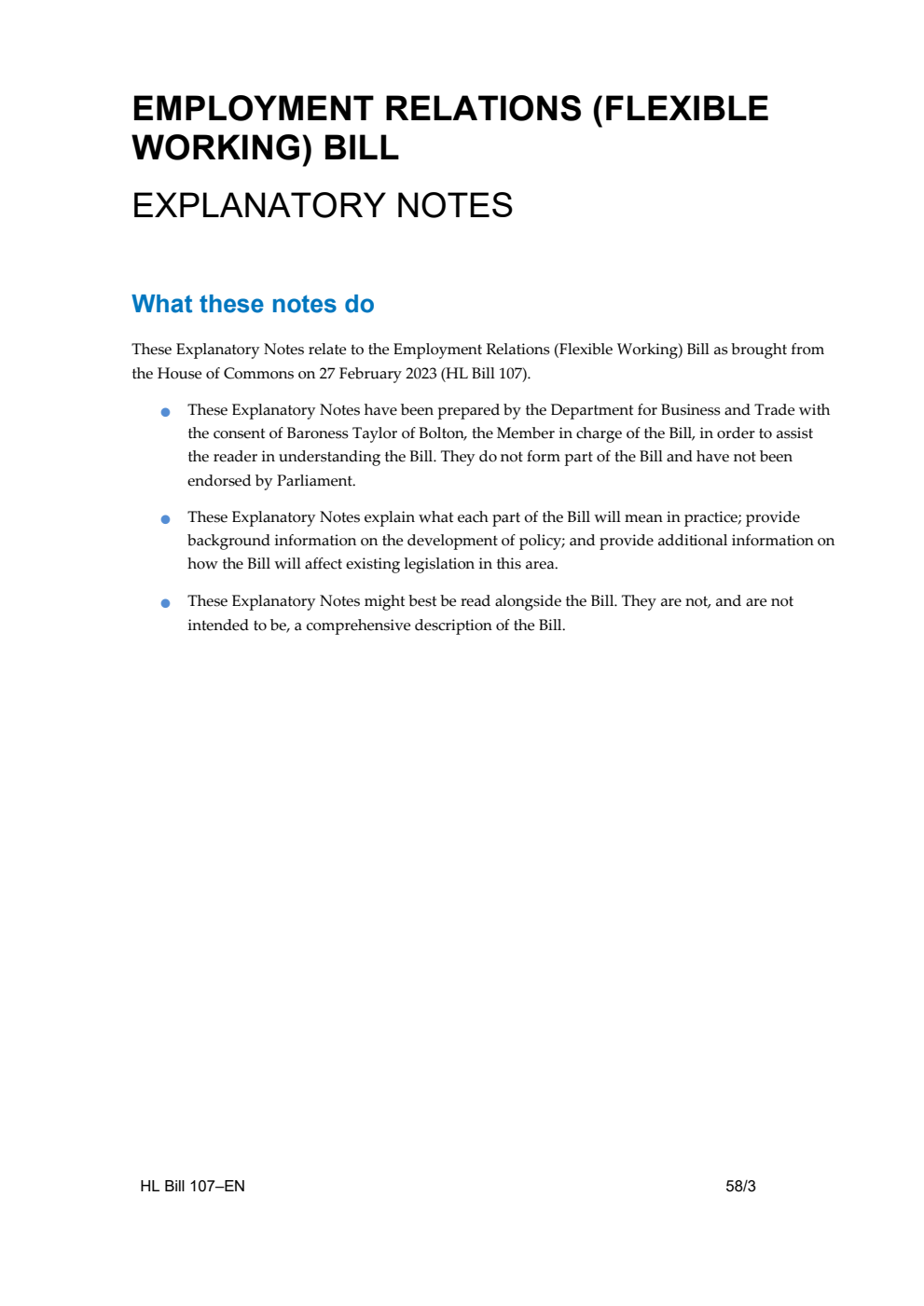 Employment Relations (Flexible Working) Bill Explanatory Notes