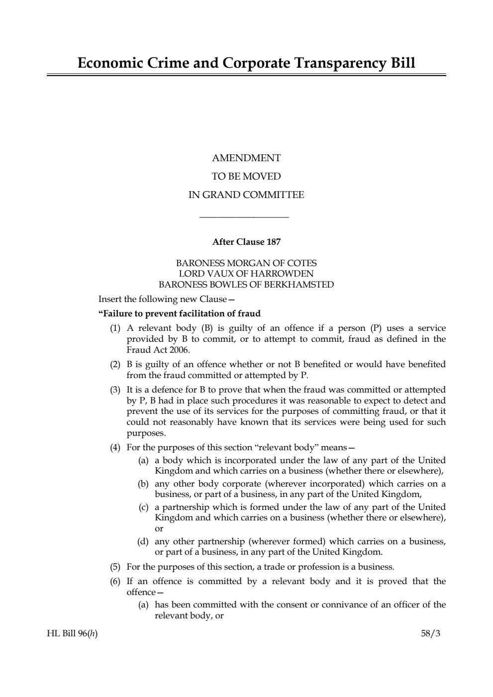 Economic Crime and Corporate Transparency Bill Amendment to be moved in Grand Committee