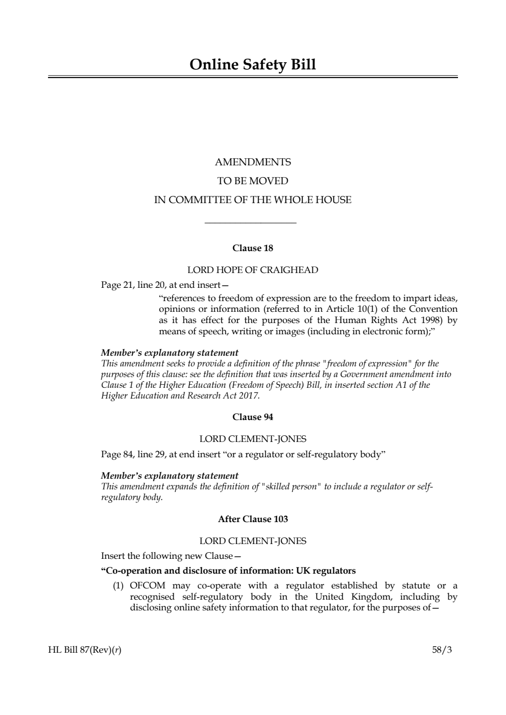 Online Safety Bill Amendments to be moved in Committee of the Whole House