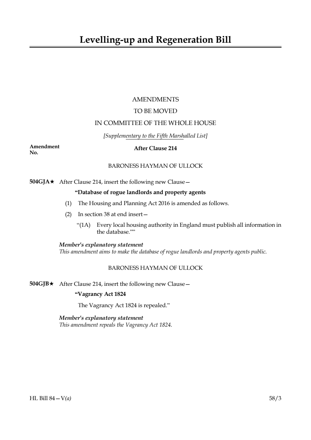 Levelling-up and Regeneration Bill Amendments to be moved in Committee of the Whole House [Supplementary to the Fifth Marshalled List]