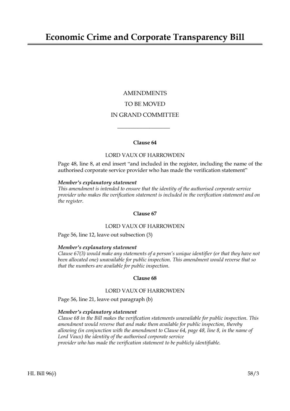 Economic Crime and Corporate Transparency Bill Amendments to be moved in Grand Committee