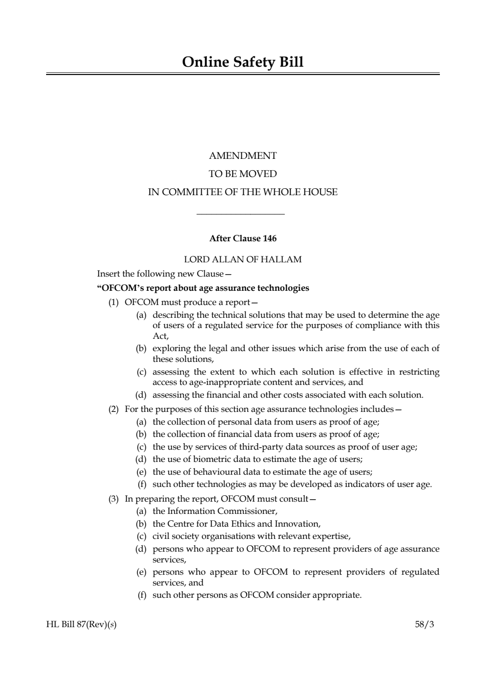 Online Safety Bill Amendment to be moved in Committee of the Whole House