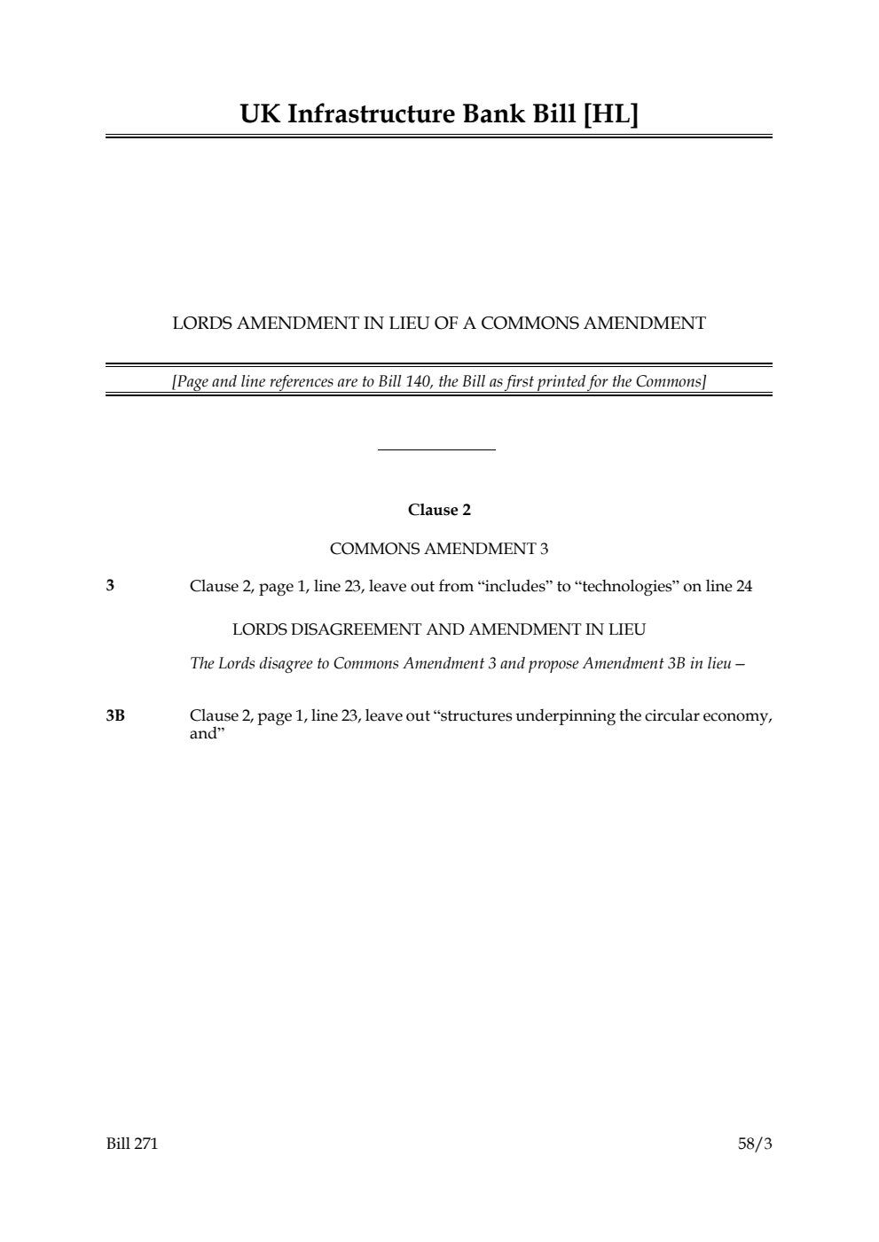 UK Infrastructure Bank Bill Lords amendment in Lieu of a Commons amendment