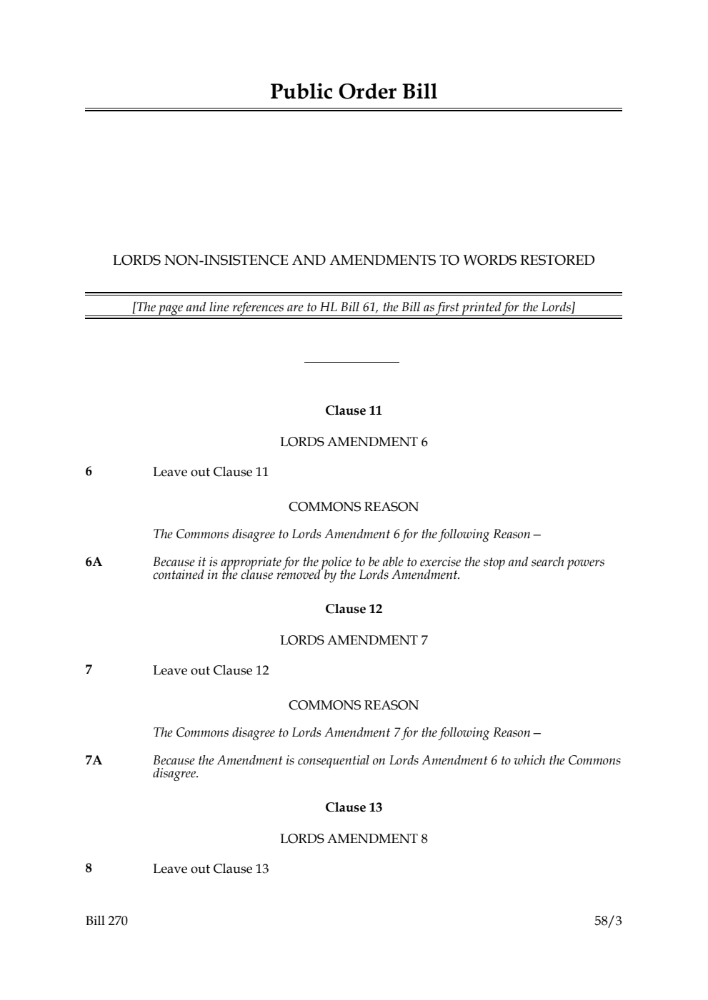 Public Order Bill Lords non-insistence and amendments to words restored