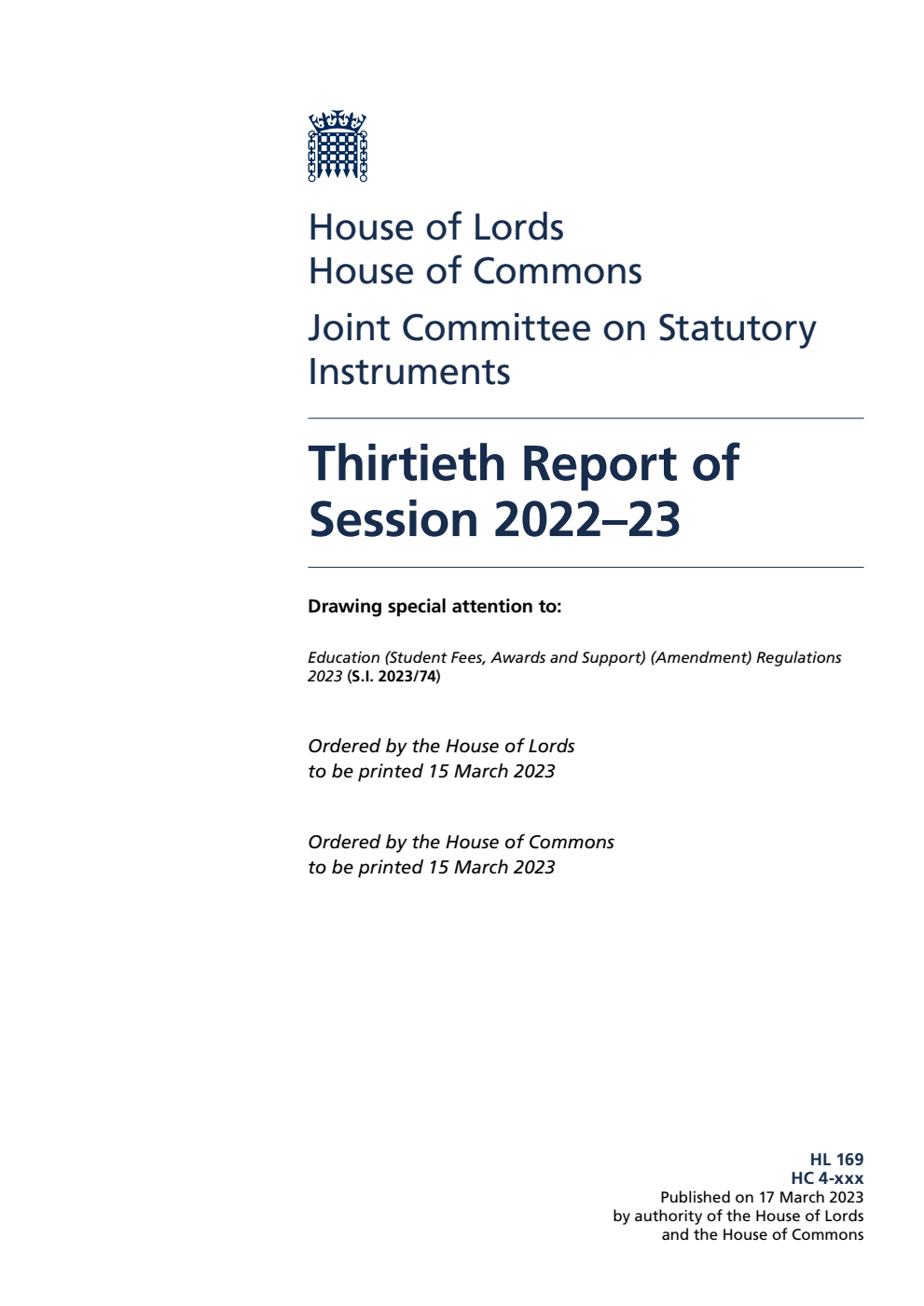 Joint Committee on Statutory Instruments 30th Report of Session 2022-23