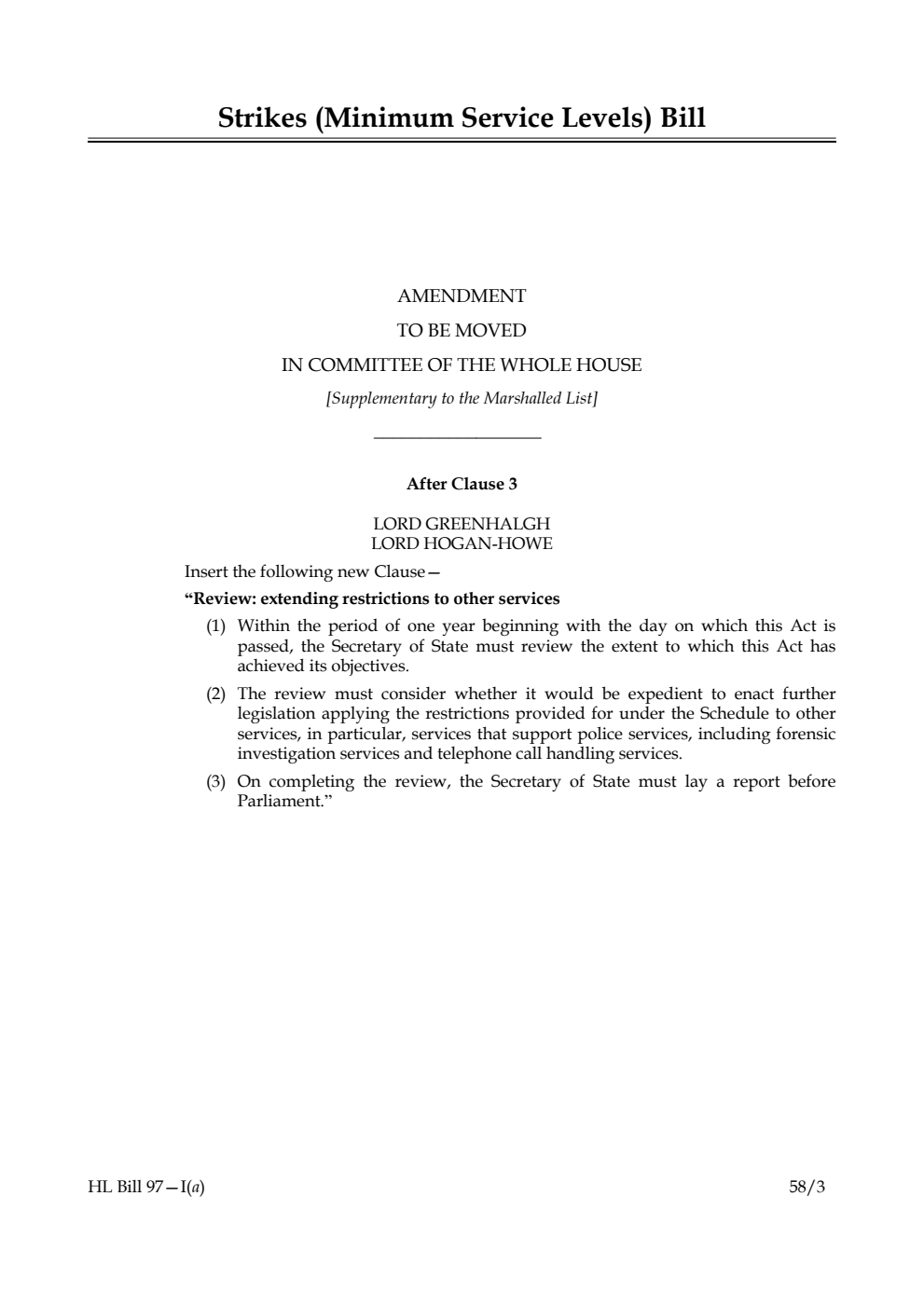 Strikes (Minimum Service Levels) Bill Amendment to be moved in Committee of the Whole House [Supplementary to the Marshalled List]