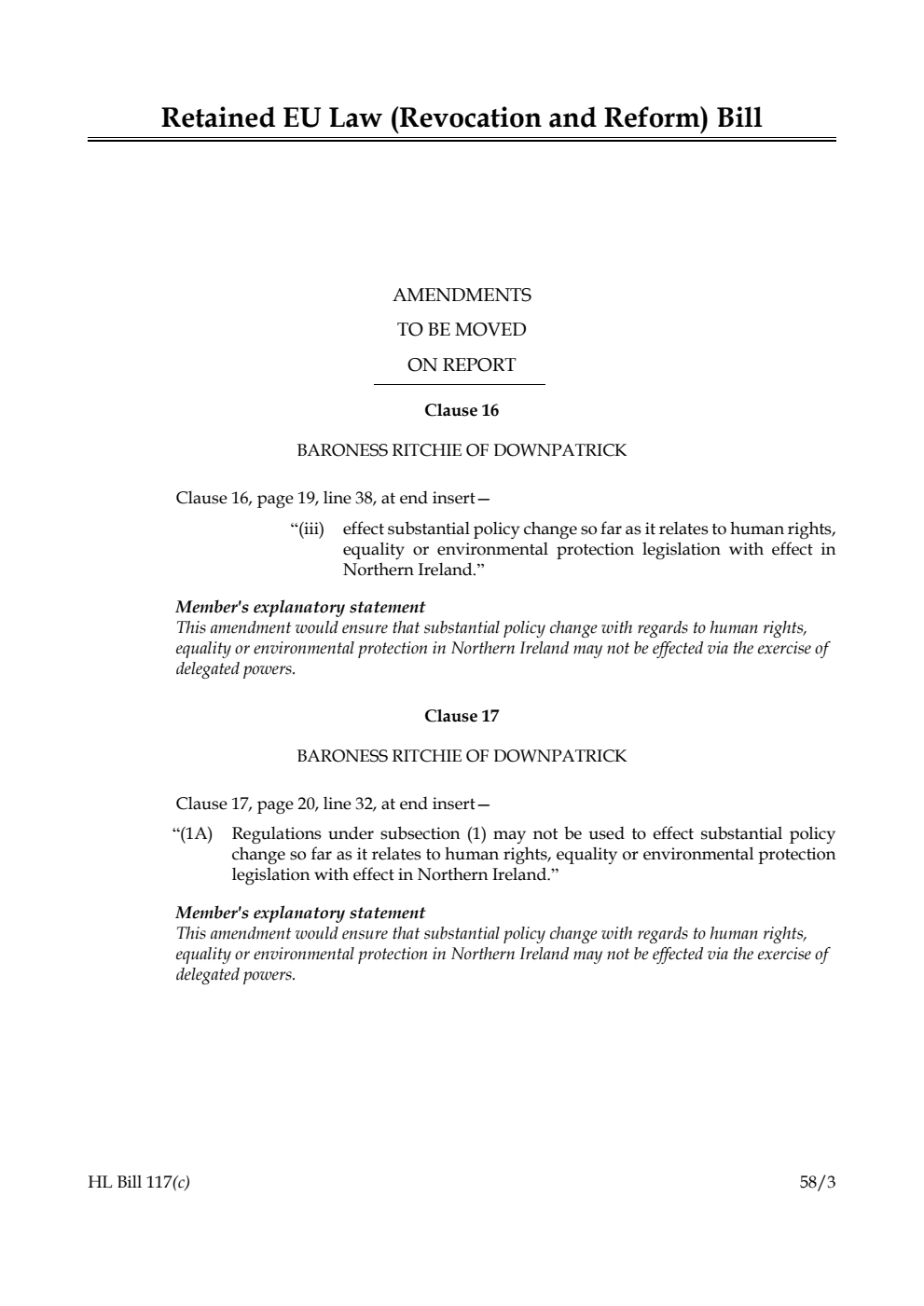 Retained EU Law (Revocation and Reform) Bill Amendments to be moved on Report