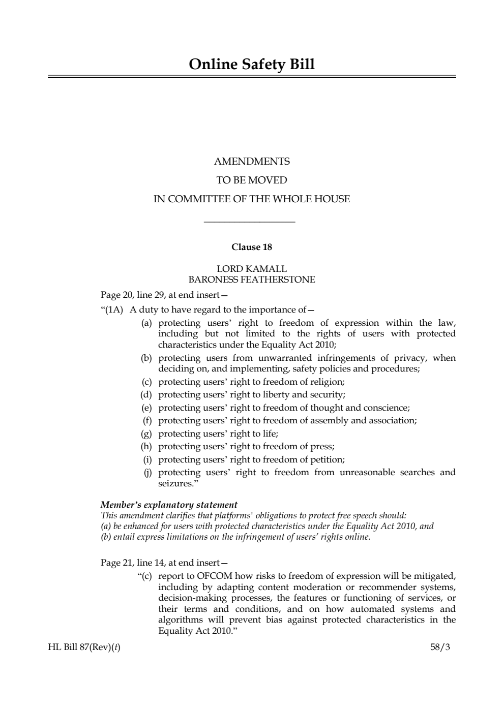 Online Safety Bill Amendments to be moved in Committee of the Whole House