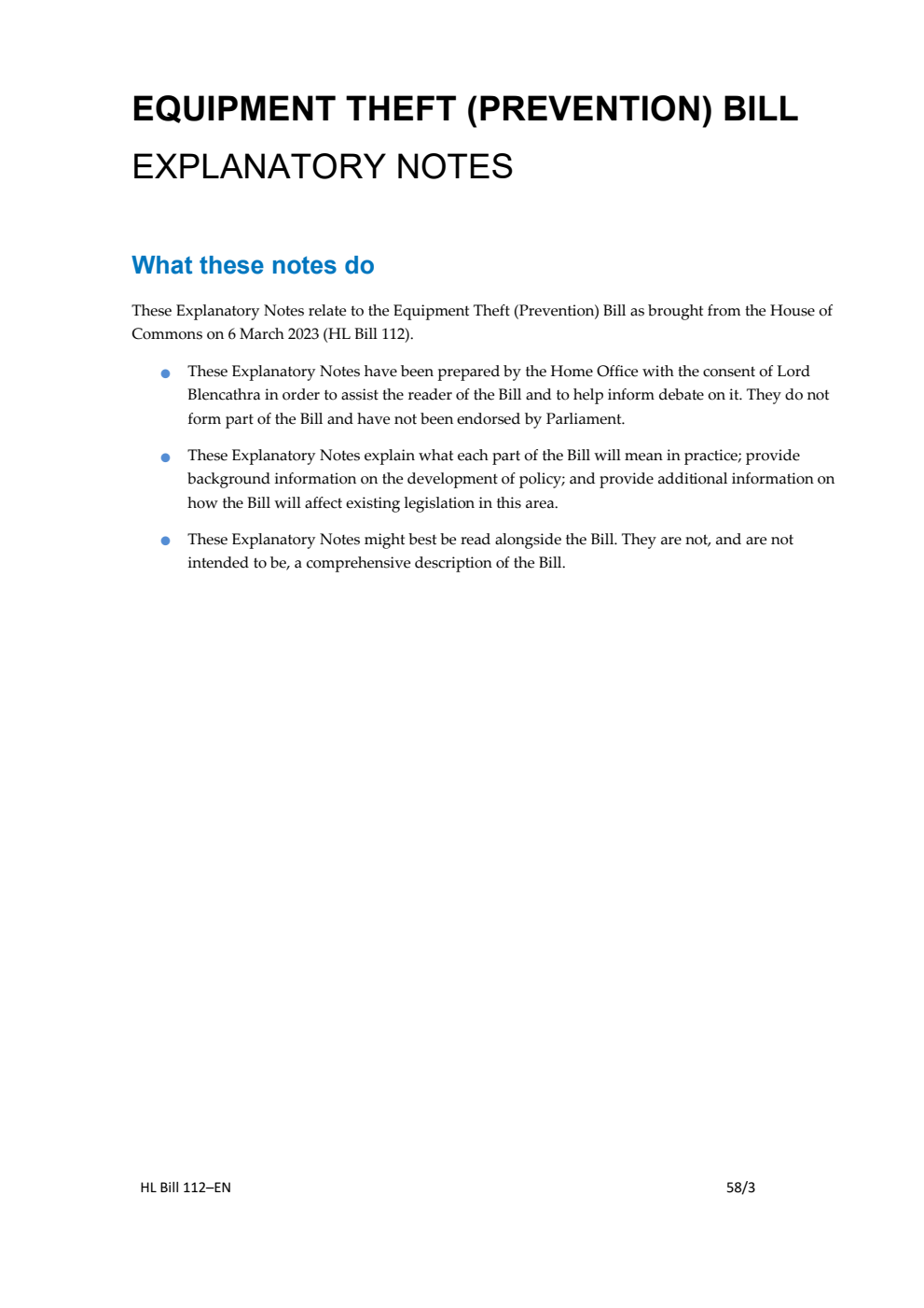 Equipment Theft (Prevention) Bill Explanatory Notes