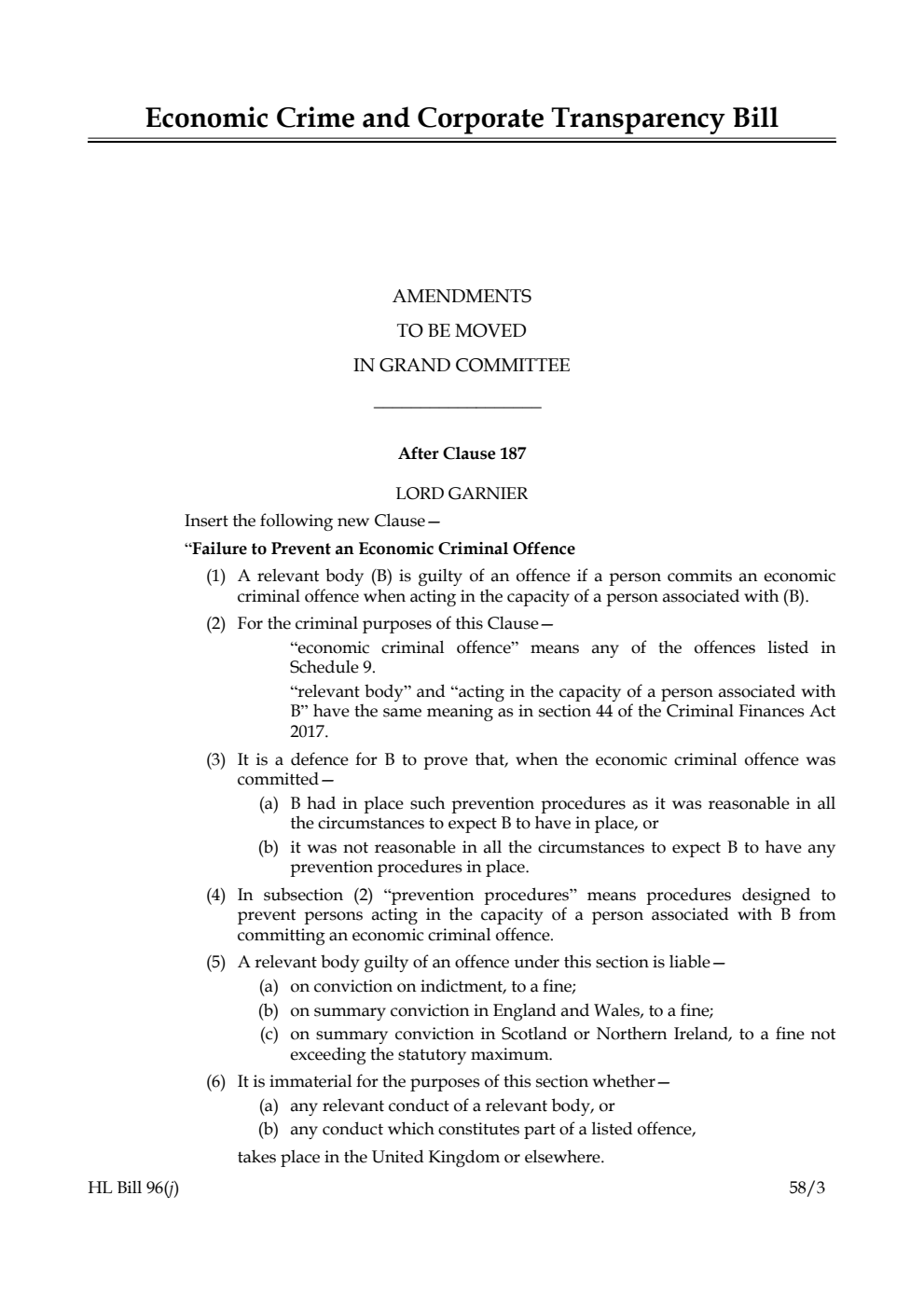 Economic Crime and Corporate Transparency Bill Amendments to be moved in Grand Committee