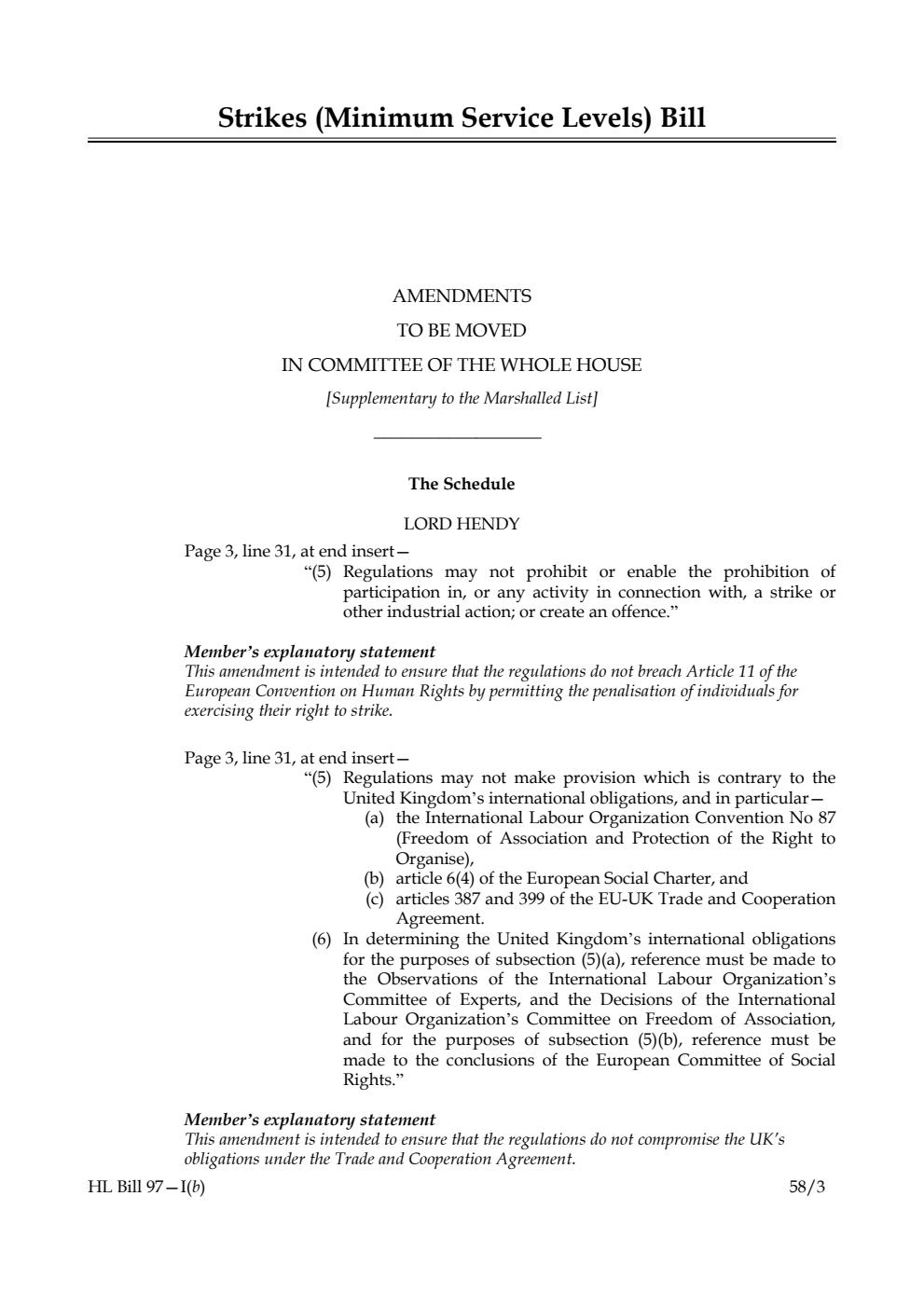 Strikes (Minimum Service Levels) Bill Amendments to be moved in Committee of the Whole House [Supplementary to the Marshalled List]