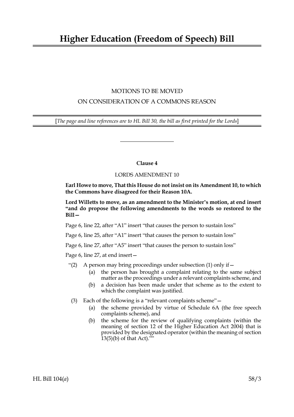Higher Education (Freedom of Speech) Bill Motions to be moved on Consideration of Commons reasons
