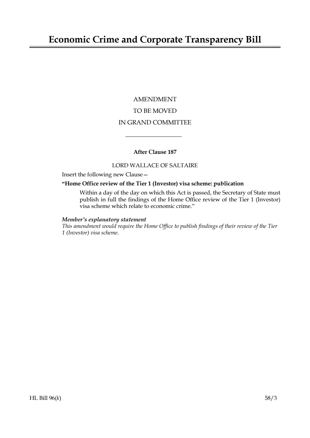 Economic Crime and Corporate Transparency Bill Amendment to be moved in Grand Committee